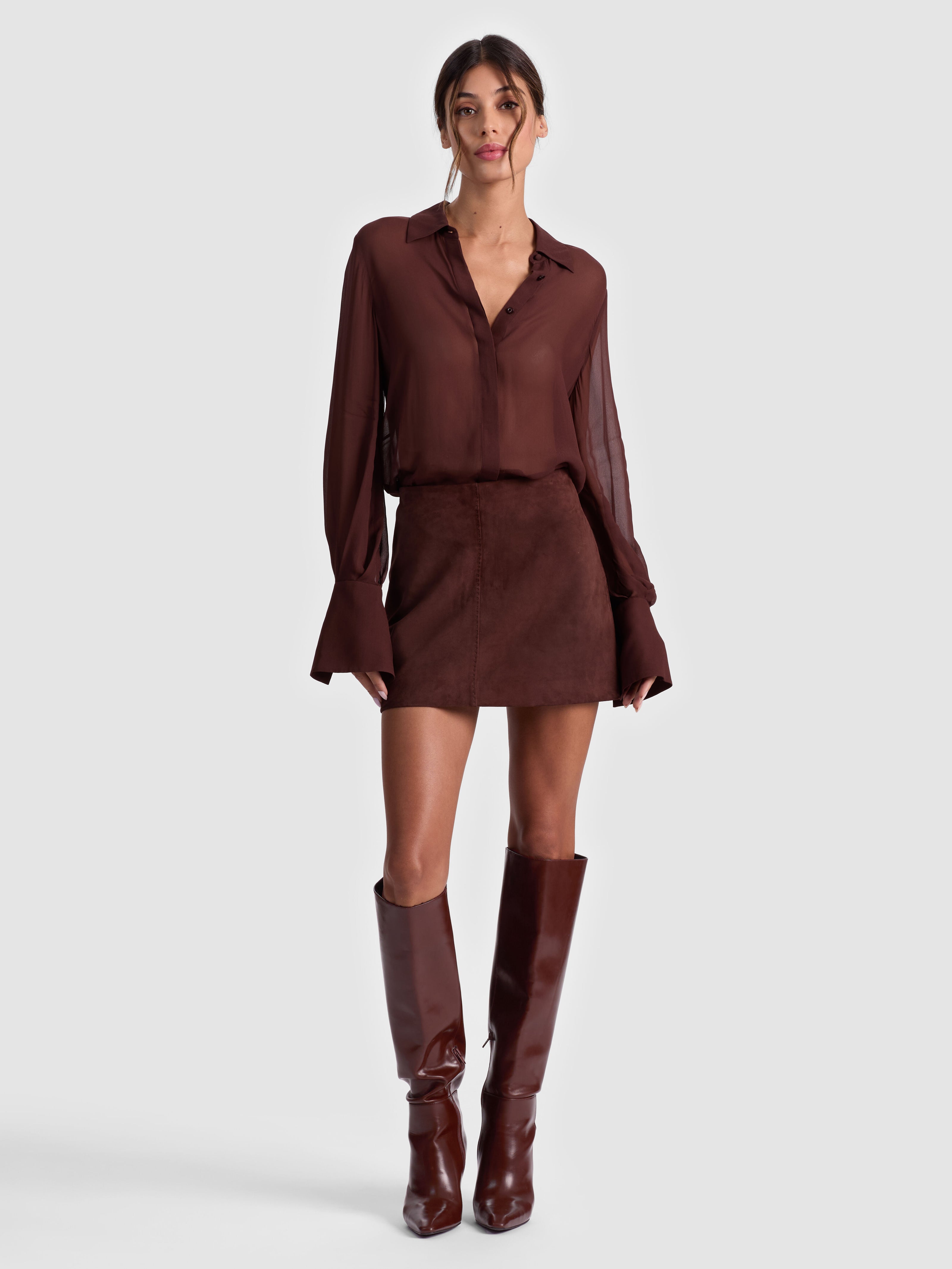 RILEY SUEDE MINI SKIRT-DARK CHOCOLATE-ALICE + OLIVIA