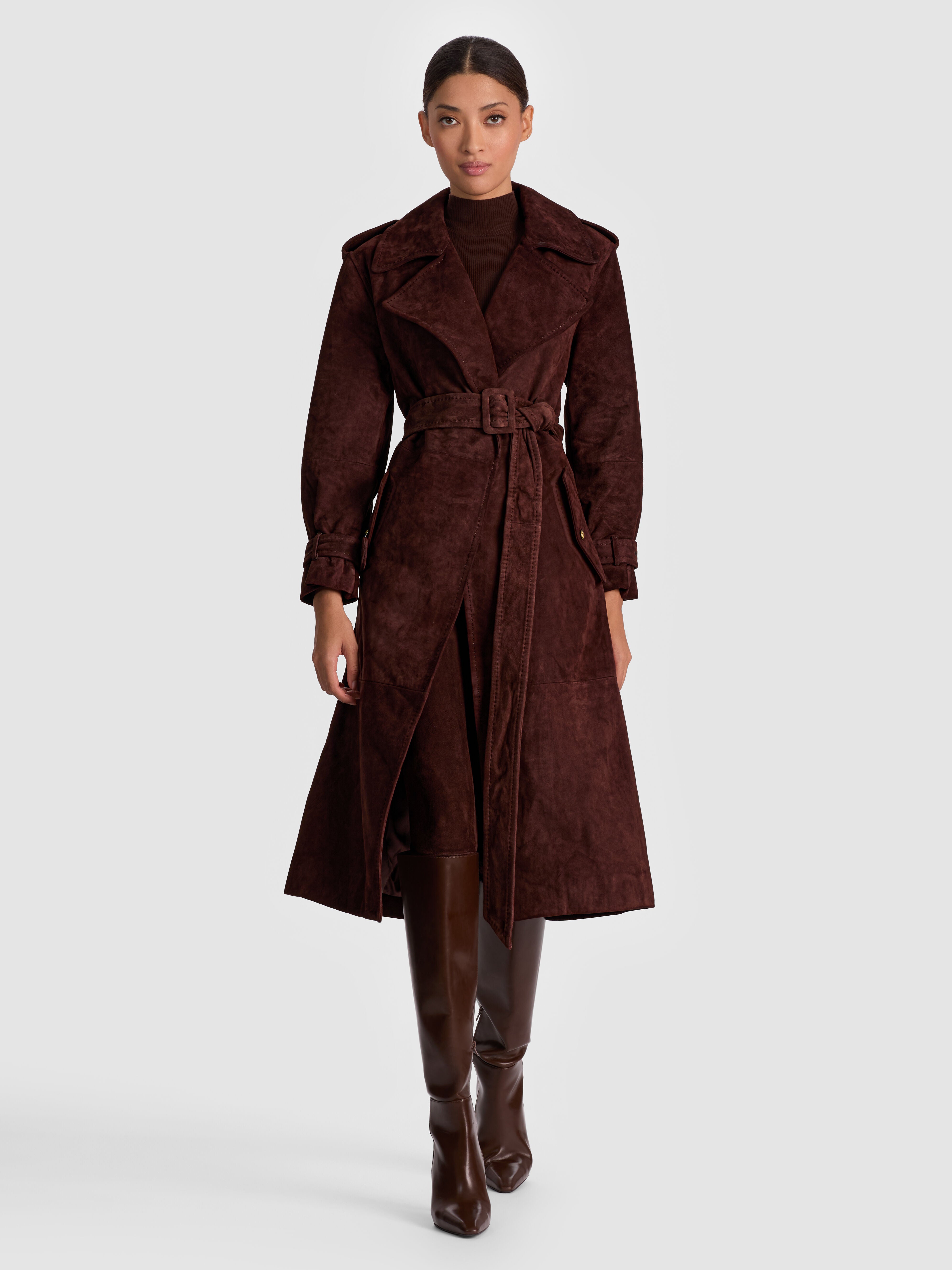 r**様 deres weightlessness silk trench co NEVADA SUEDE TRENCH COAT in DARK CHOCOLATE | ALICE + OLIVIA