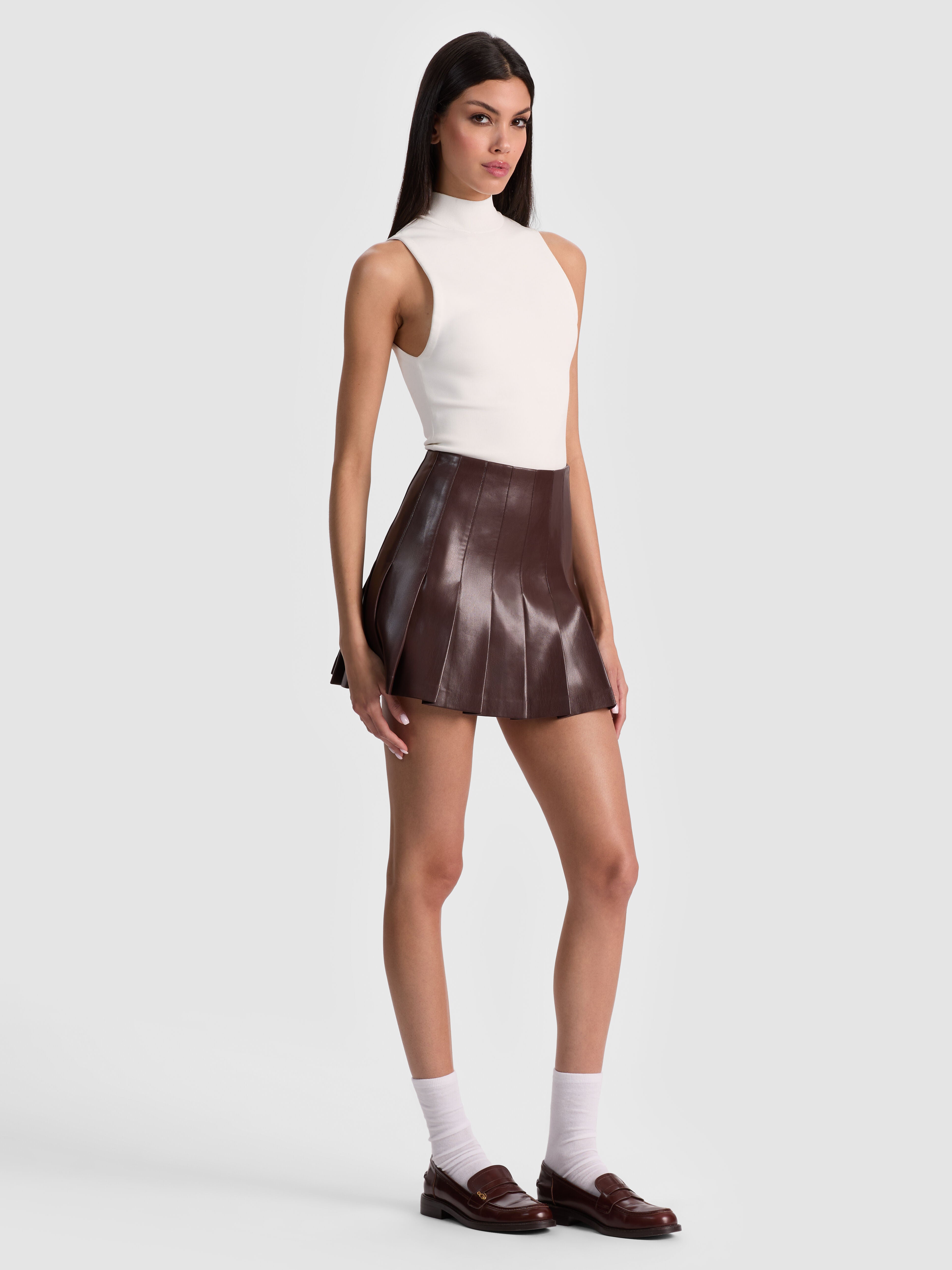 CARTER VEGAN MINI SKIRT in DARK CHOCOLATE | ALICE + OLIVIA