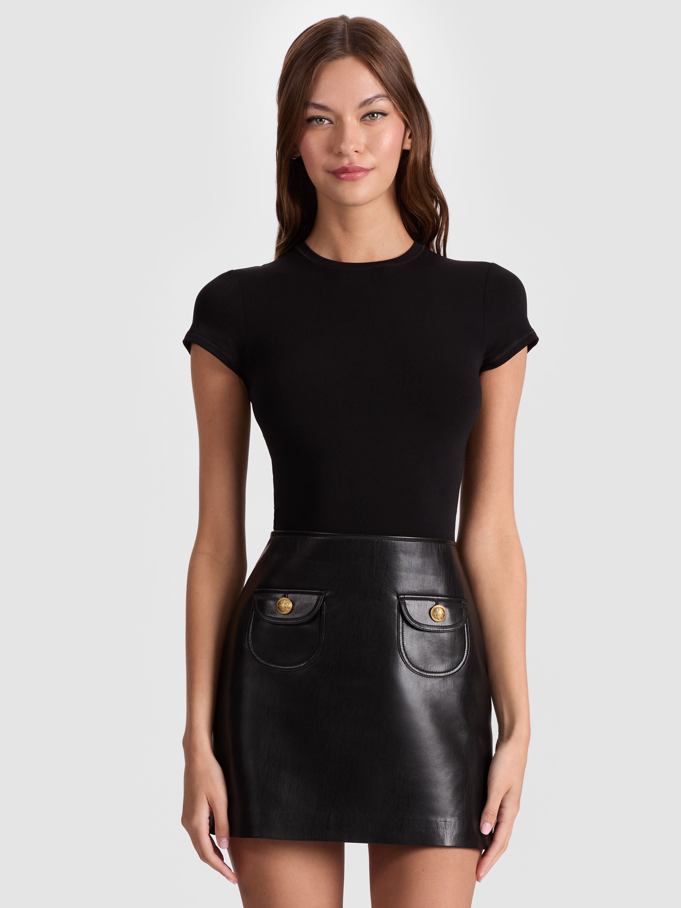 SYDNEY VEGAN MINI DRESS-Black-ALICE + OLIVIA
