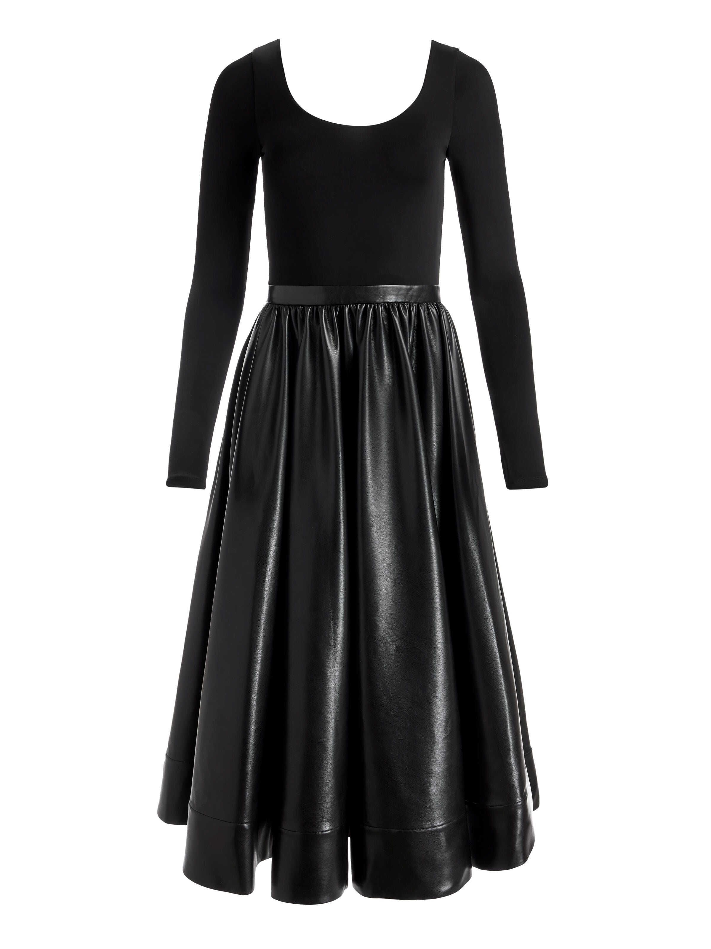 ROBE MI-LONGUE CHARA EN CUIR VÉGÉTALIEN À ENCOLURE PELLE ET MANCHES LONGUES-ALICE + OLIVIA