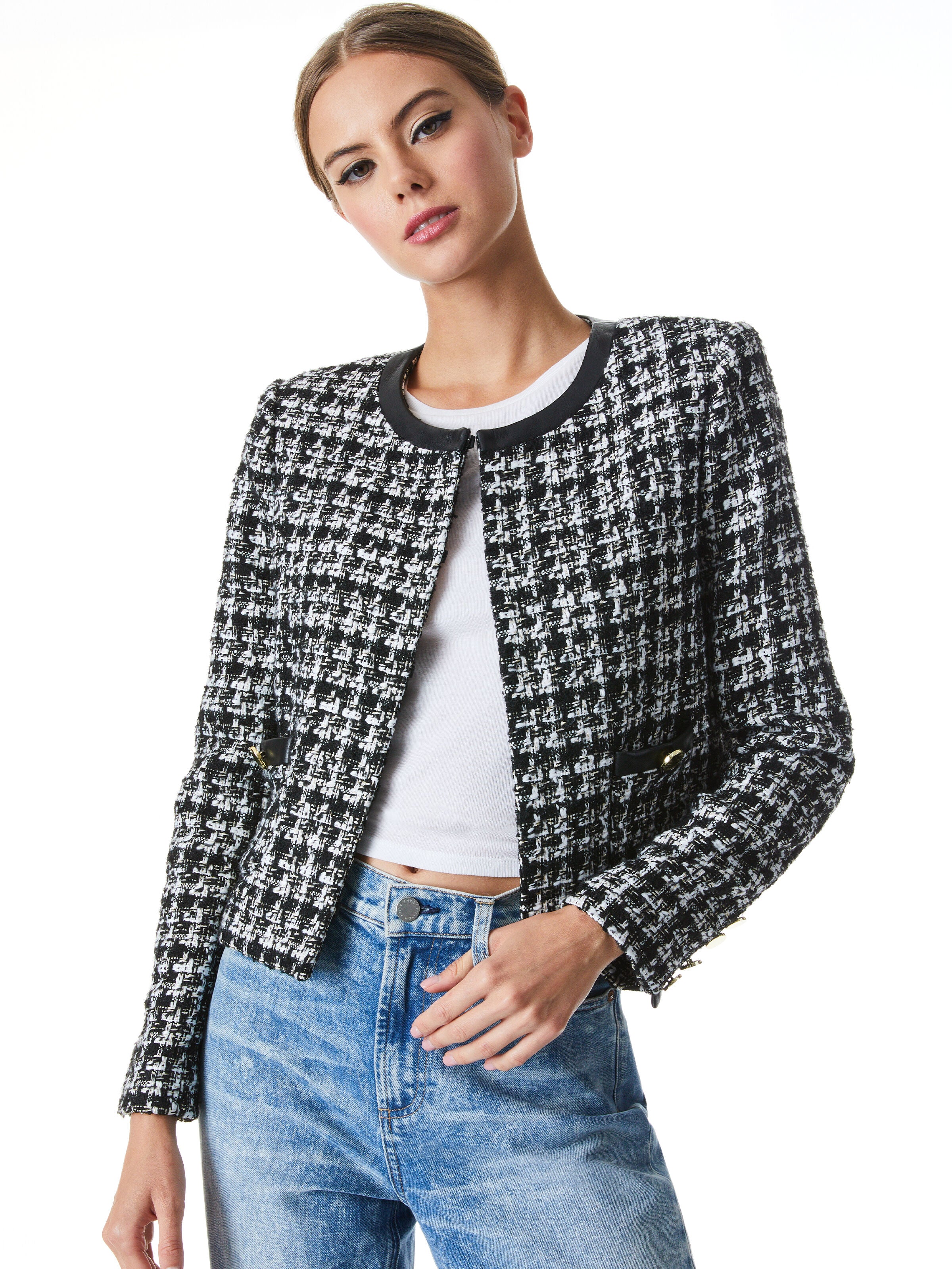 DONITA VEGAN LEATHER TRIM JACKET-BLACK/OFF WHITE-ALICE + OLIVIA