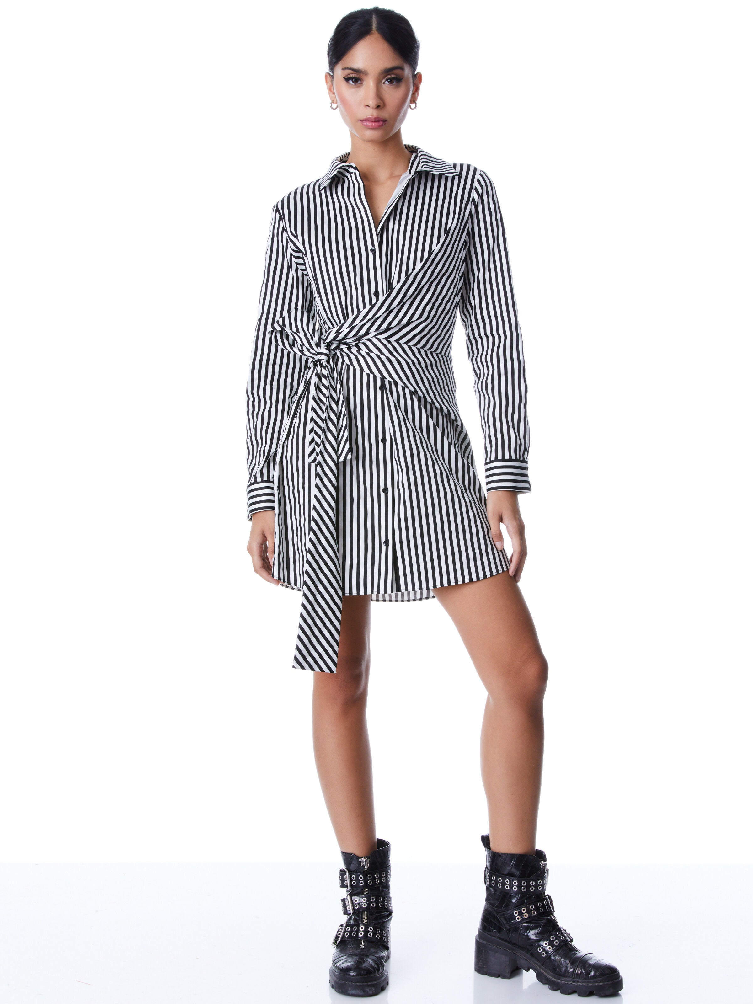 REINA DRAPED SHIRT DRESS-BLACK/ECRU-ALICE + OLIVIA