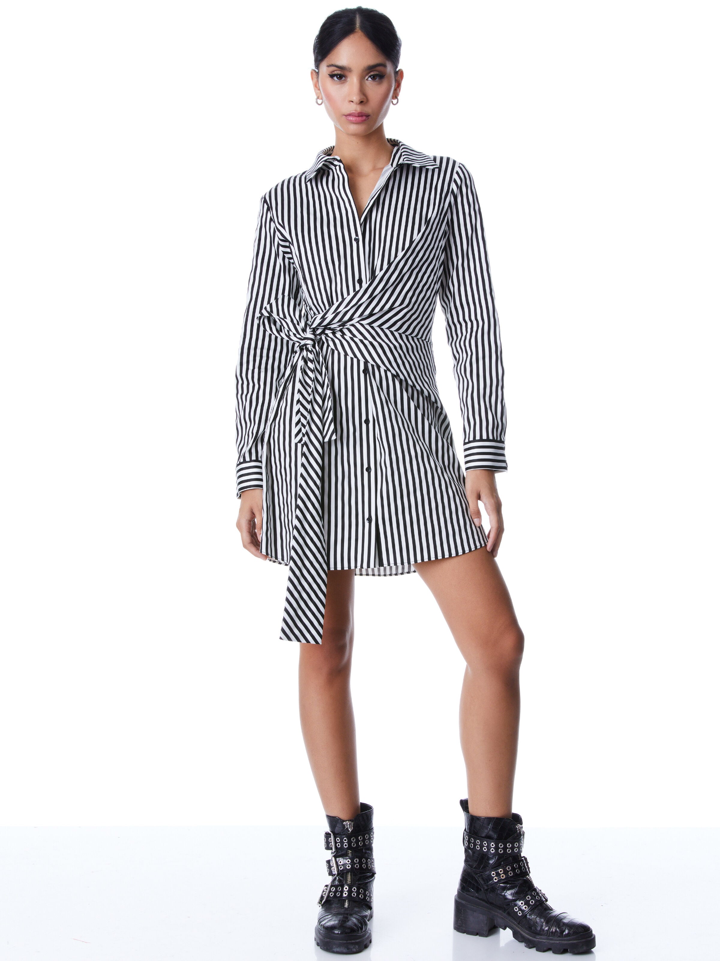 REINA DRAPED SHIRT DRESS-BLACK/ECRU-ALICE + OLIVIA