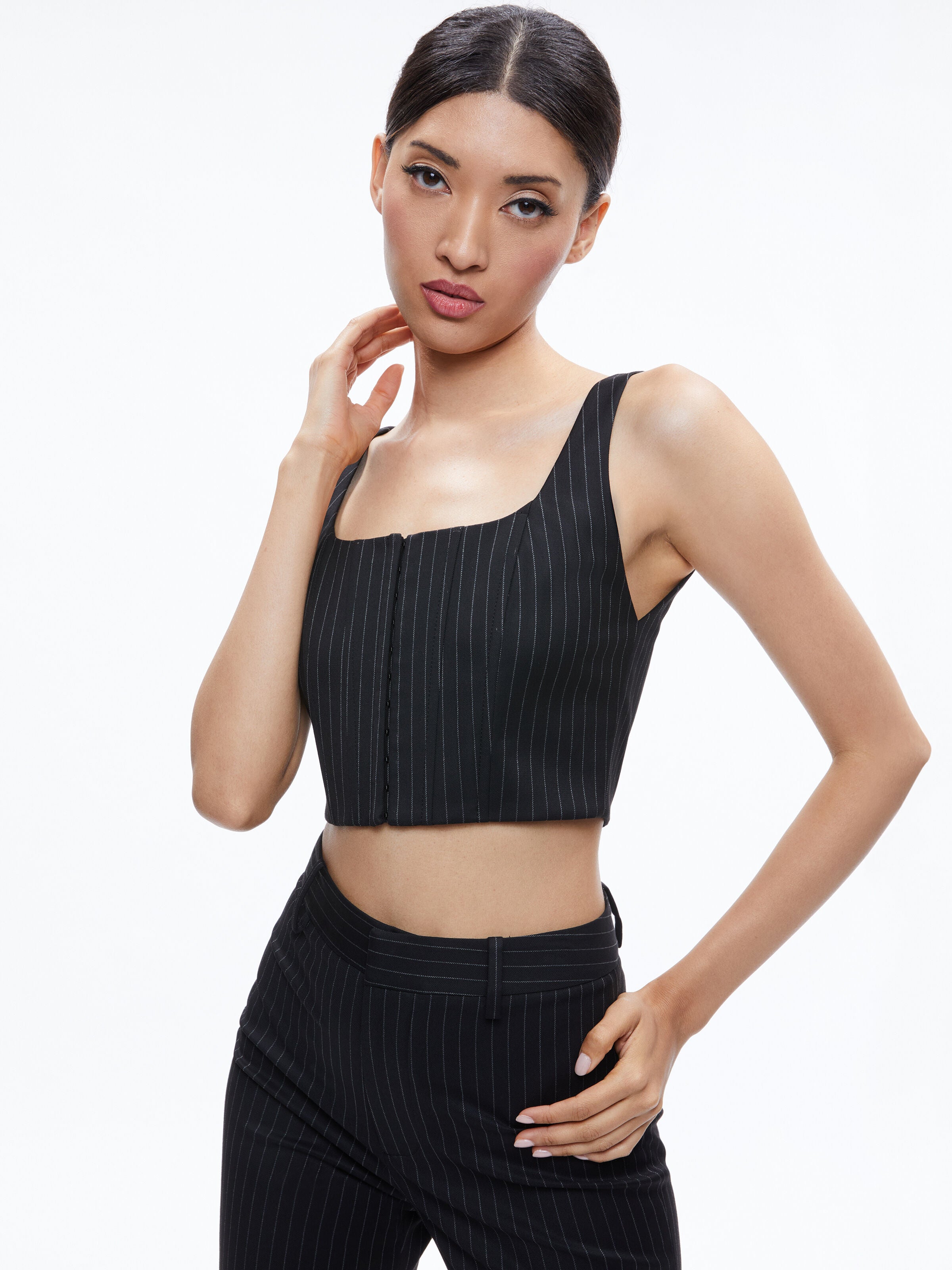 BRESLIN CORSET TOP-BLACK PINSTRIPE-ALICE + OLIVIA