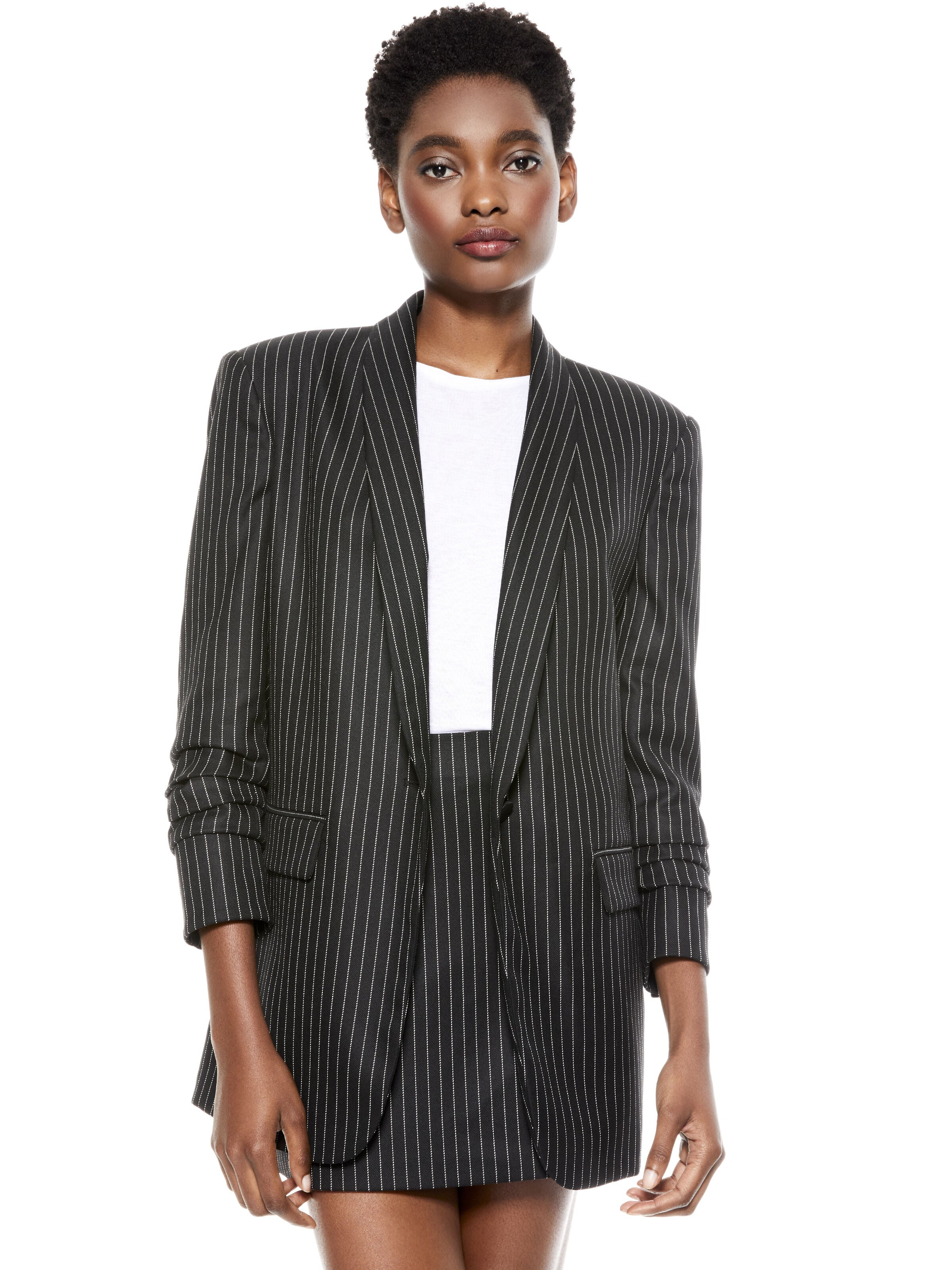 RONNIE SCRUNCHED SLEEVE BLAZER-PINSTRIPE-ALICE + OLIVIA