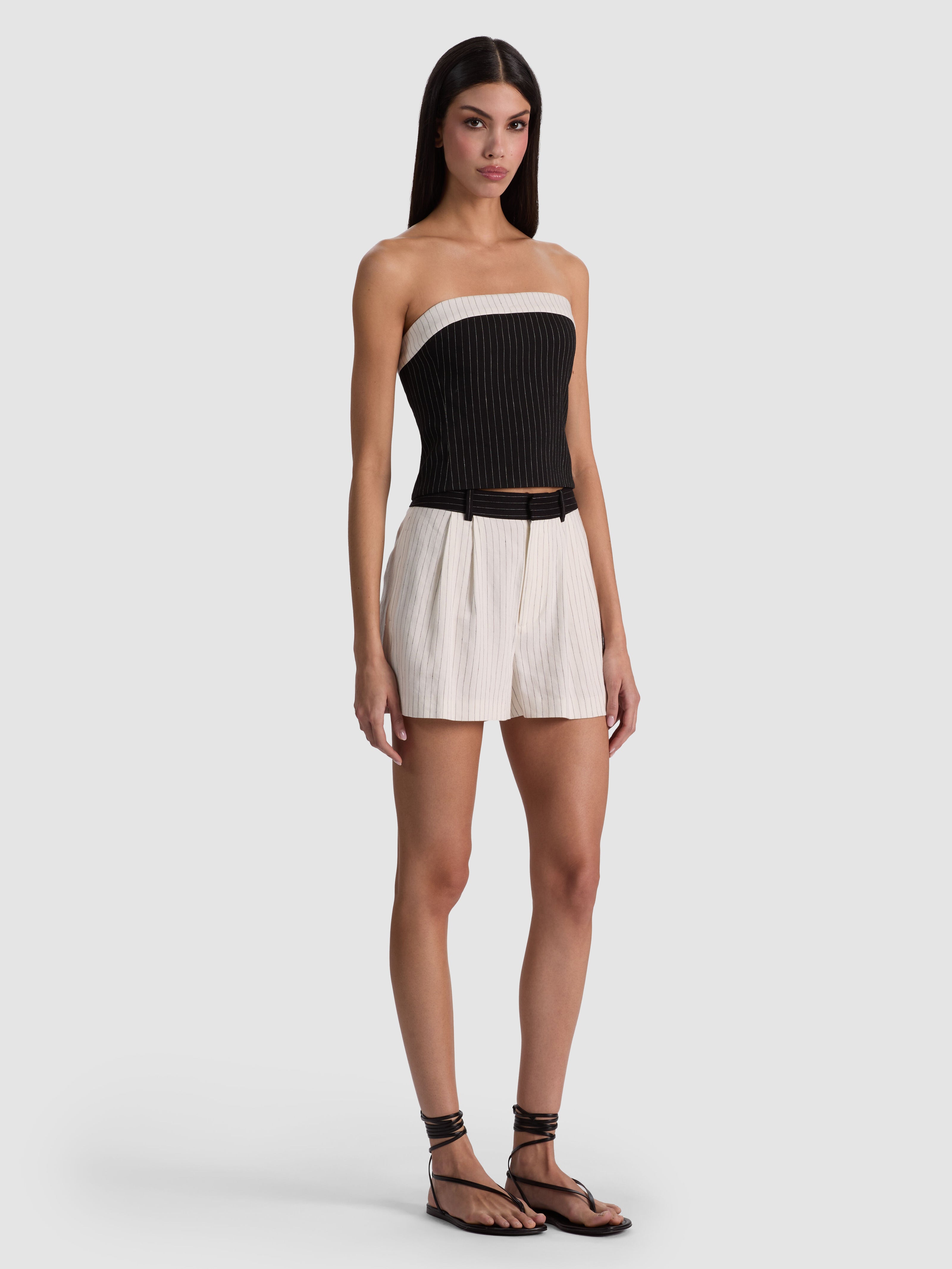 KELLY STRAPLESS TOP-BLACK/OFF WHITE PINSTRIPE-ALICE + OLIVIA