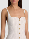 KELCEY BUTTON FRONT TOP-OFF WHITE/BLACK PINSTRIPE-ALICE + OLIVIA