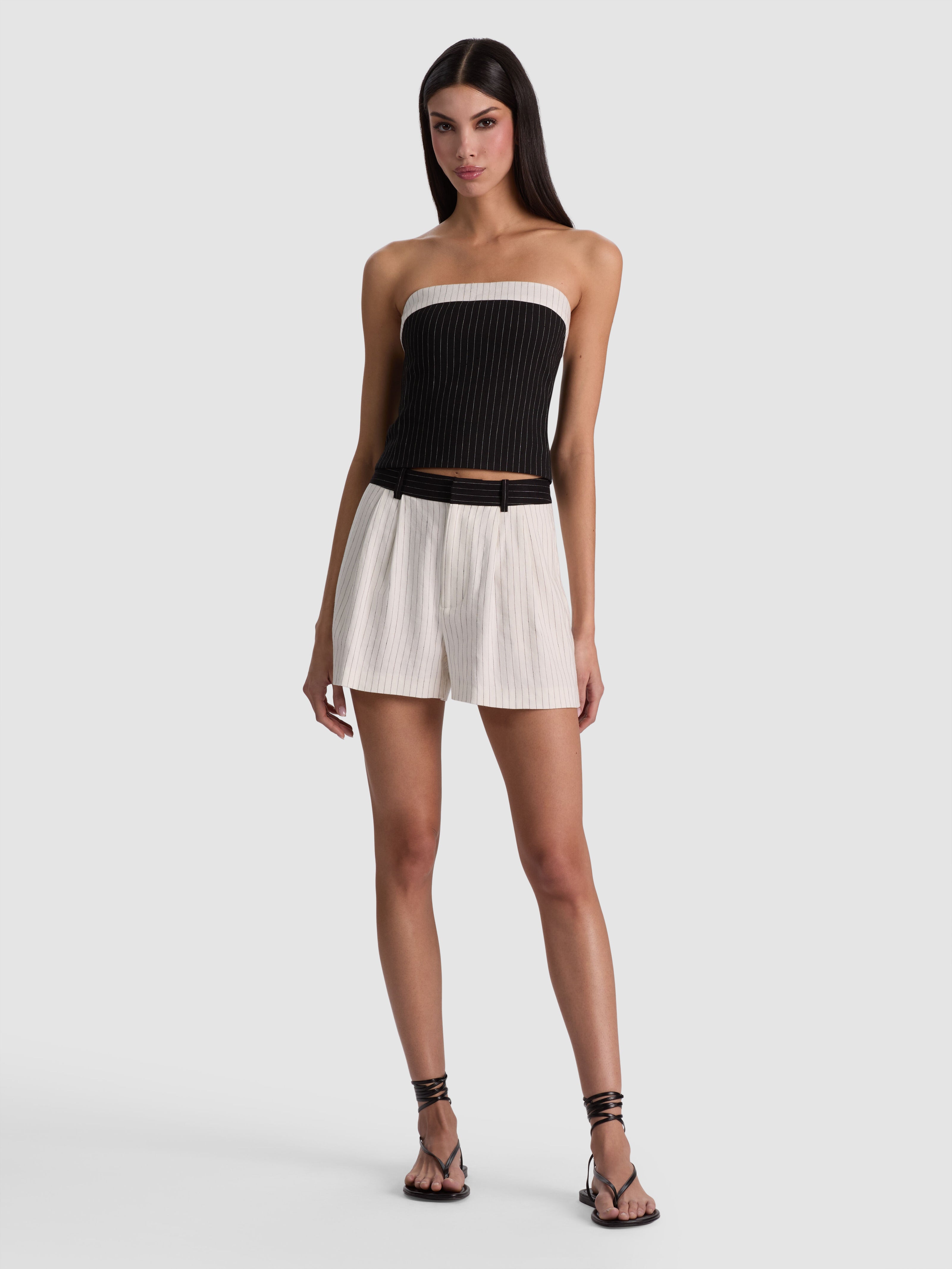 CONRY LINEN COMBO SHORT-OFF WHITE/BLACK PINSTRIPE-ALICE + OLIVIA