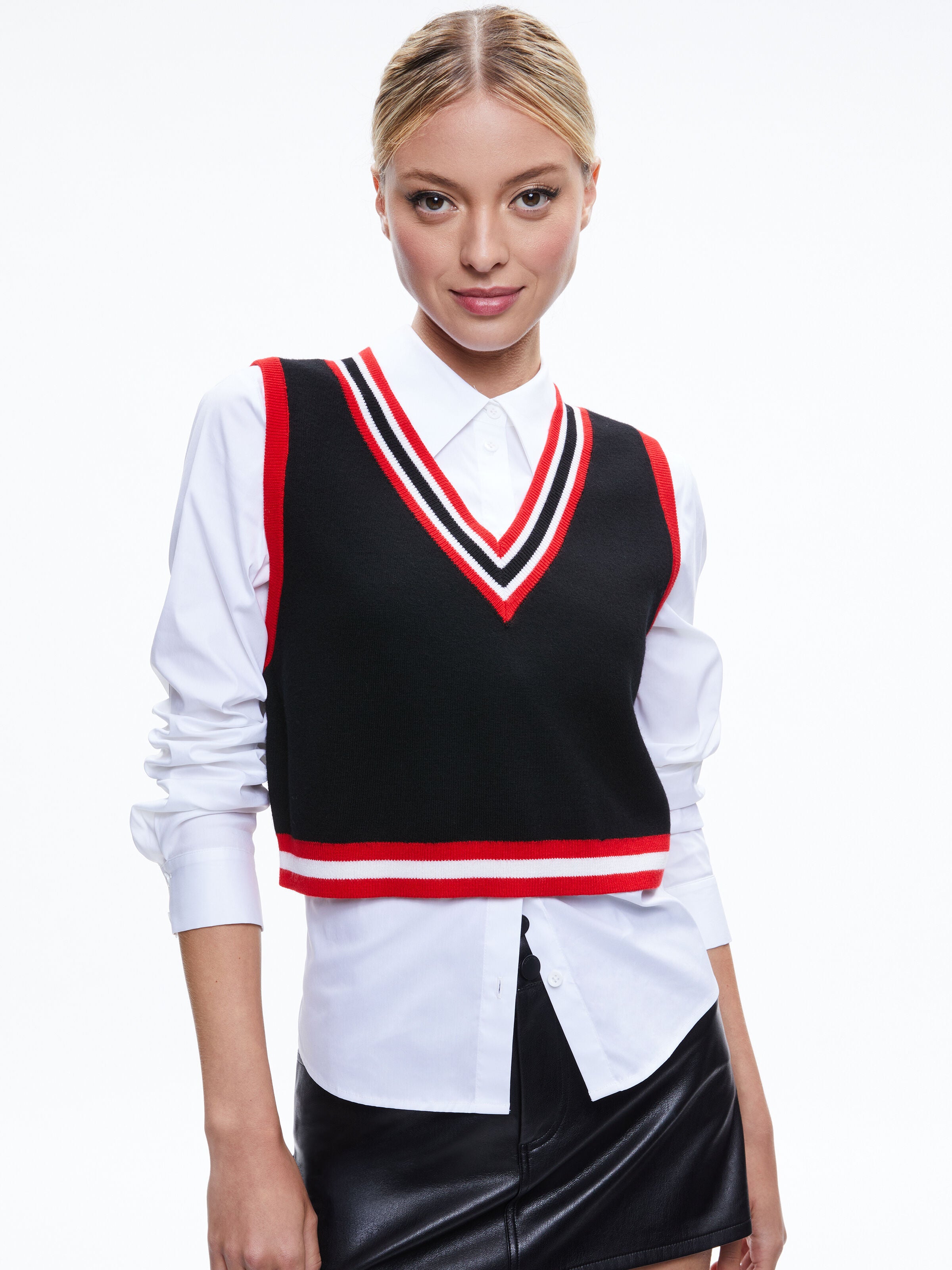 ORLY SWEATER VEST COMBINATION TOP-BLACK/PERFECT RUBY-ALICE + OLIVIA