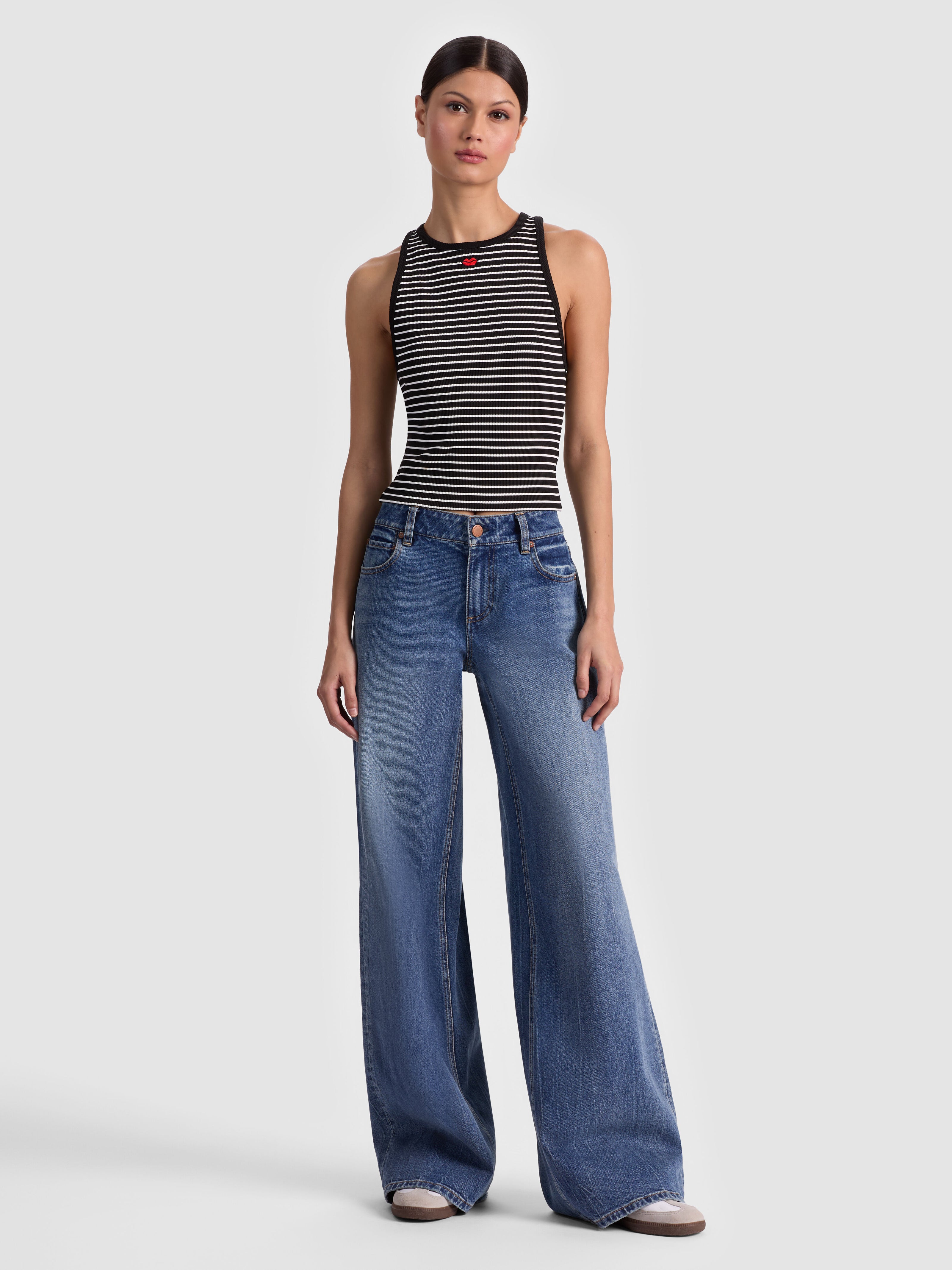 ALLEN EMBROIDERED TANK TOP-BLACK/OFF WHITE STRIPE-ALICE + OLIVIA