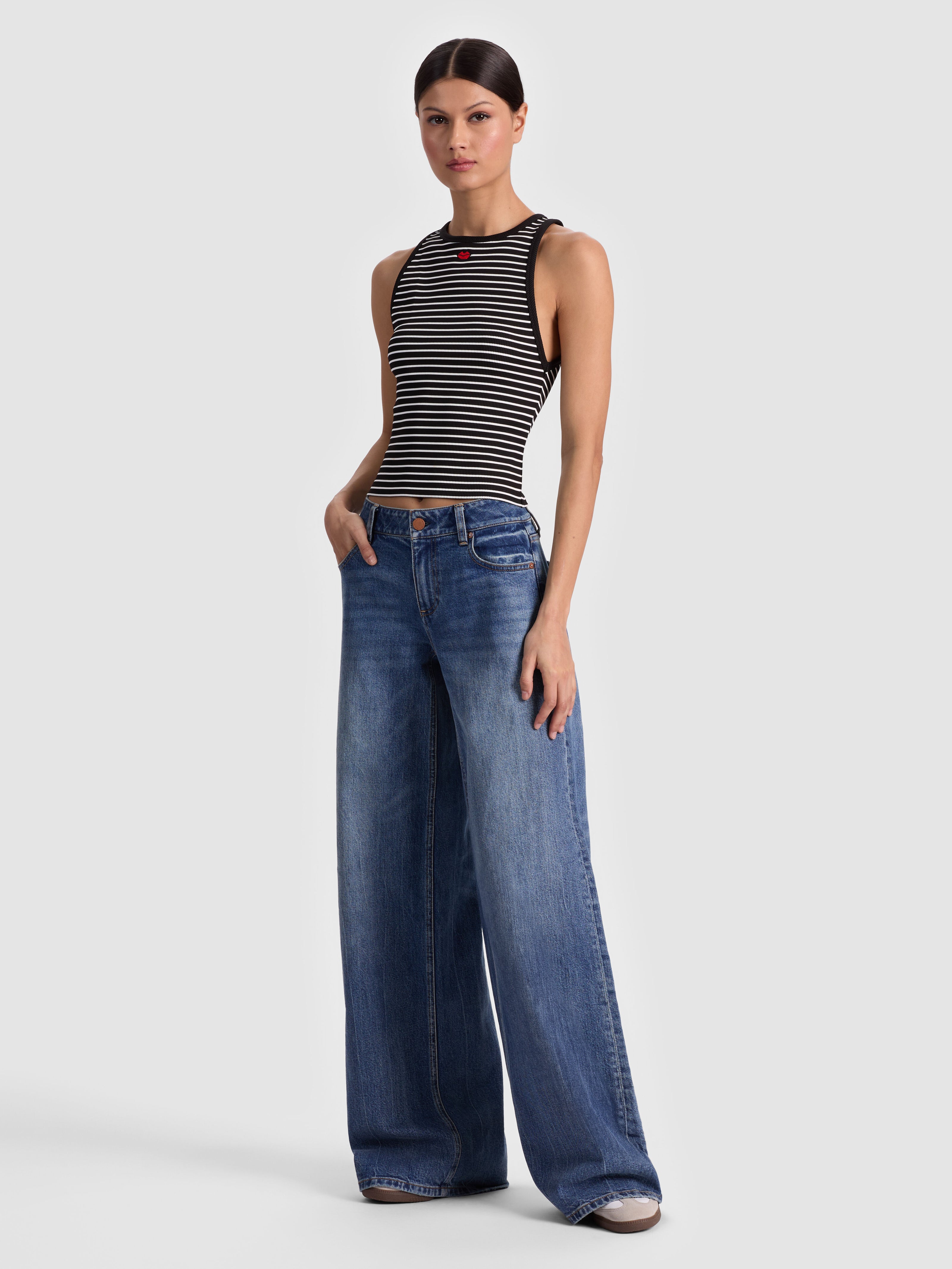 ALLEN EMBROIDERED TANK TOP-BLACK/OFF WHITE STRIPE-ALICE + OLIVIA