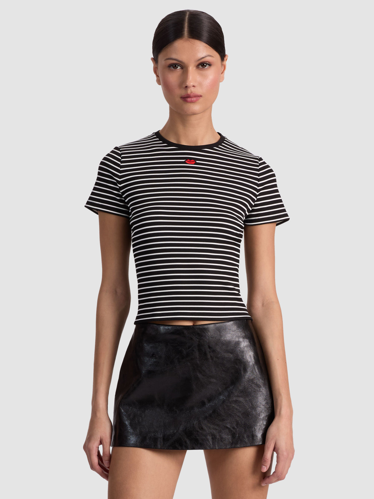 CINDY CROPPED TEE - BLACK/OFF WHITE STRIPE