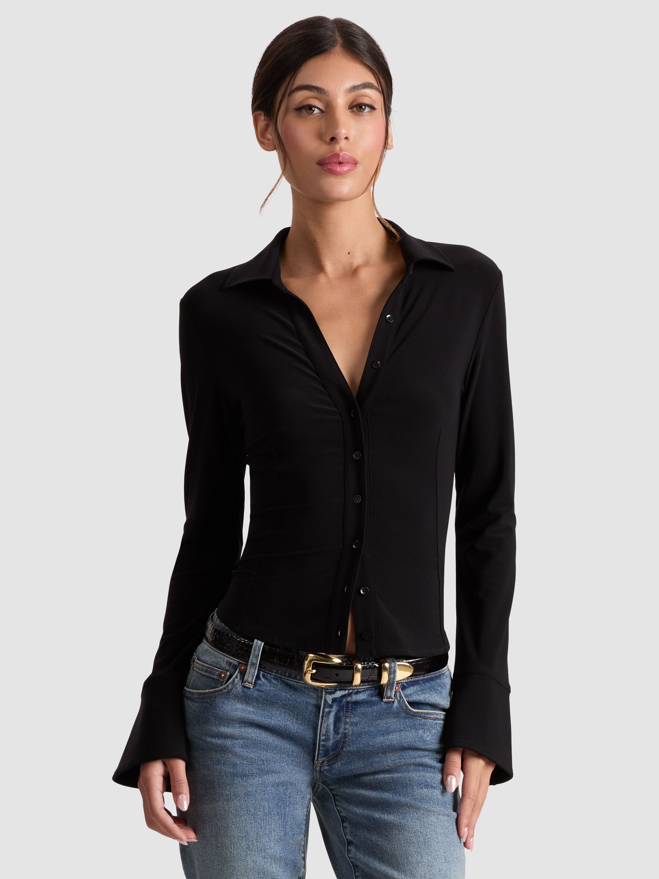 FREYA BUTTON DOWN TOP-Black-ALICE + OLIVIA
