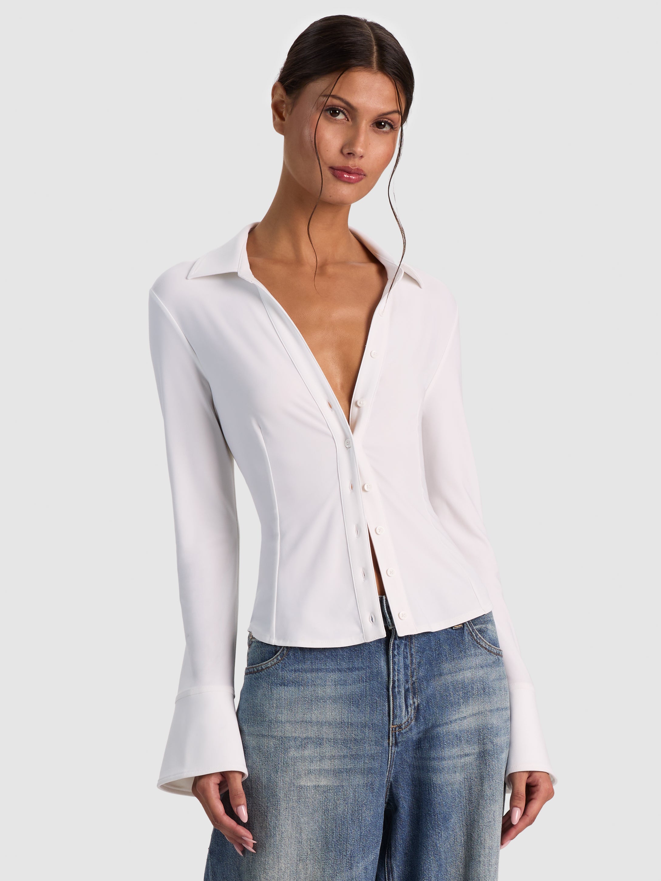 FREYA BUTTON DOWN TOP-OFF WHITE-ALICE + OLIVIA