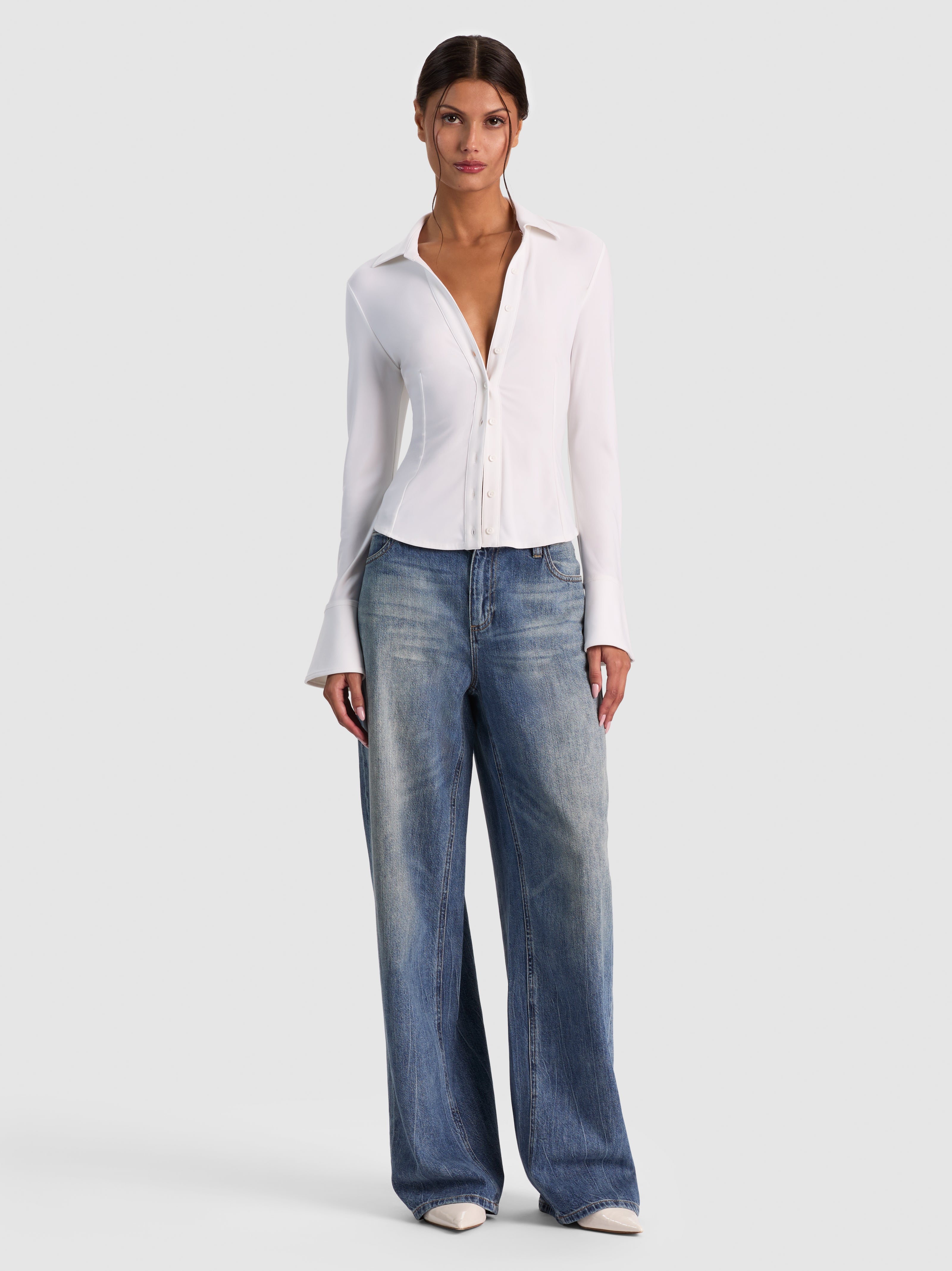 FREYA BUTTON DOWN TOP-OFF WHITE-ALICE + OLIVIA