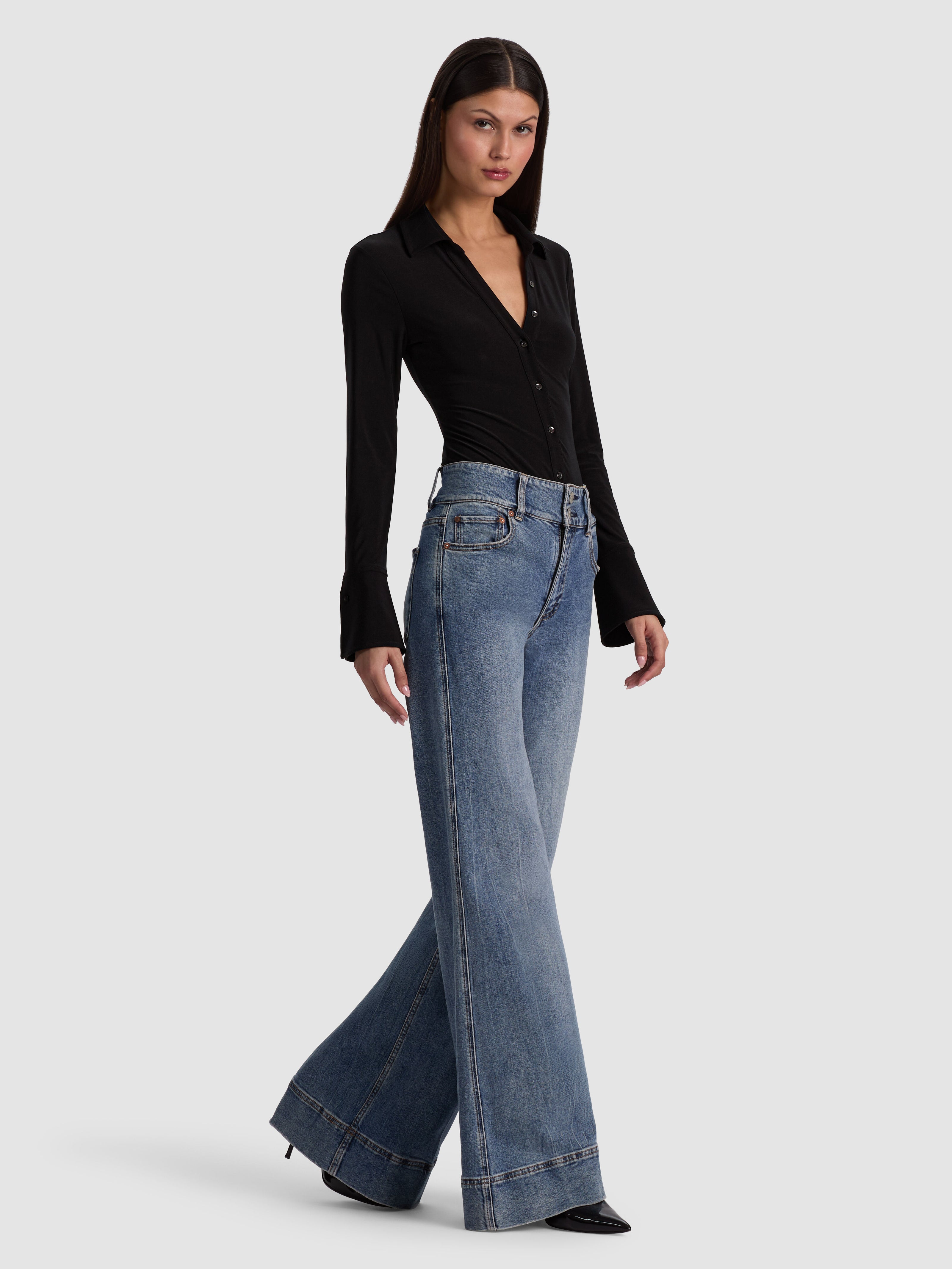 FREYA BUTTON DOWN BODYSUIT-Black-ALICE + OLIVIA