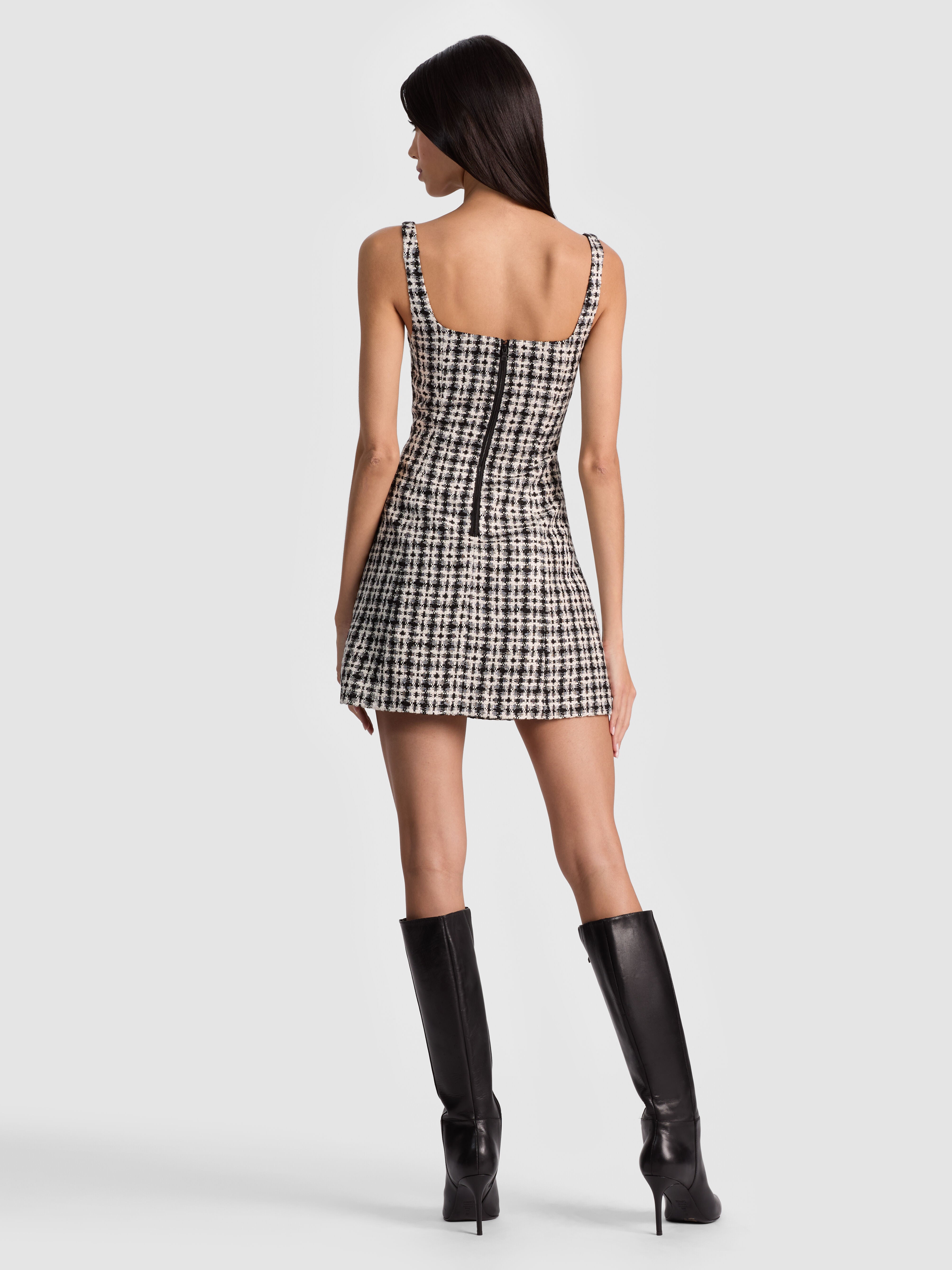 EVE TWEED MINI DRESS in BLACK/OFF WHITE | ALICE + OLIVIA