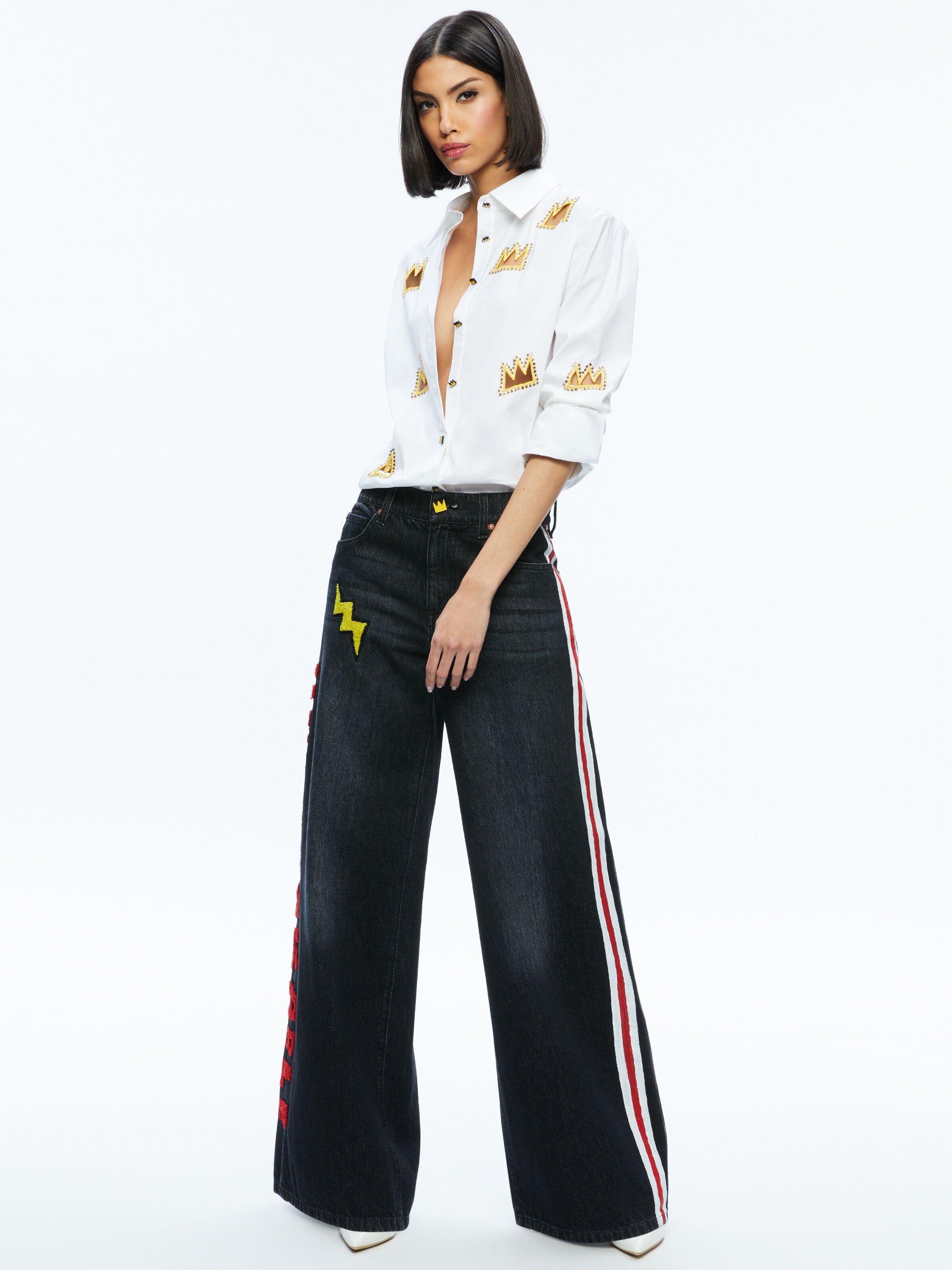 A+O X BASQUIAT FINELY EMBELLISHED BUTTON DOWN-OFF WHITE MULTI-ALICE + OLIVIA