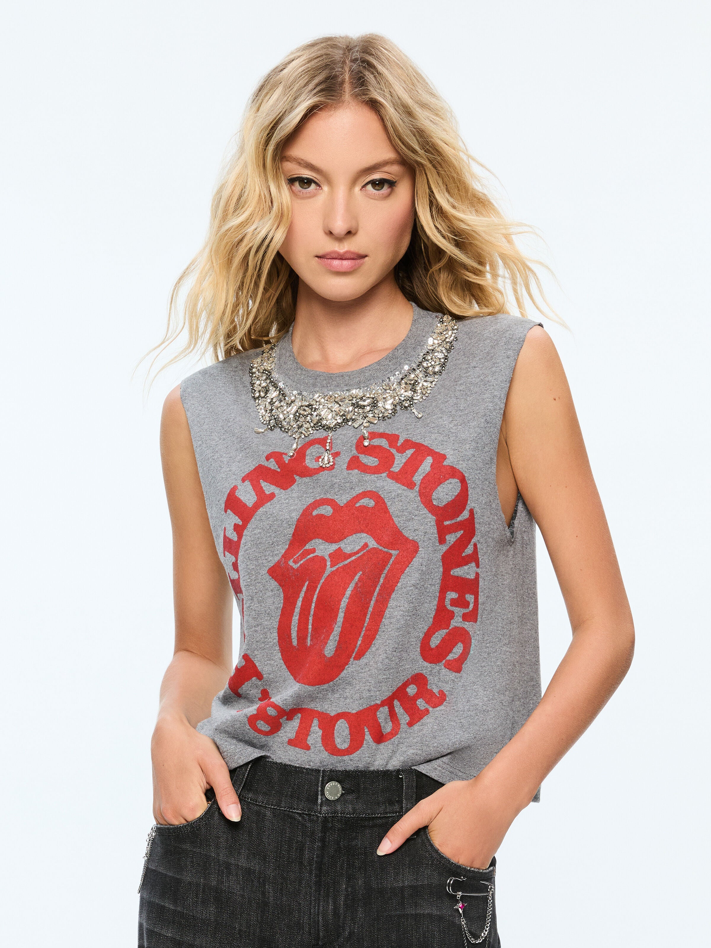 MICAH MUSCLE TANK-GREY/BRIGHT RUBY-ALICE + OLIVIA