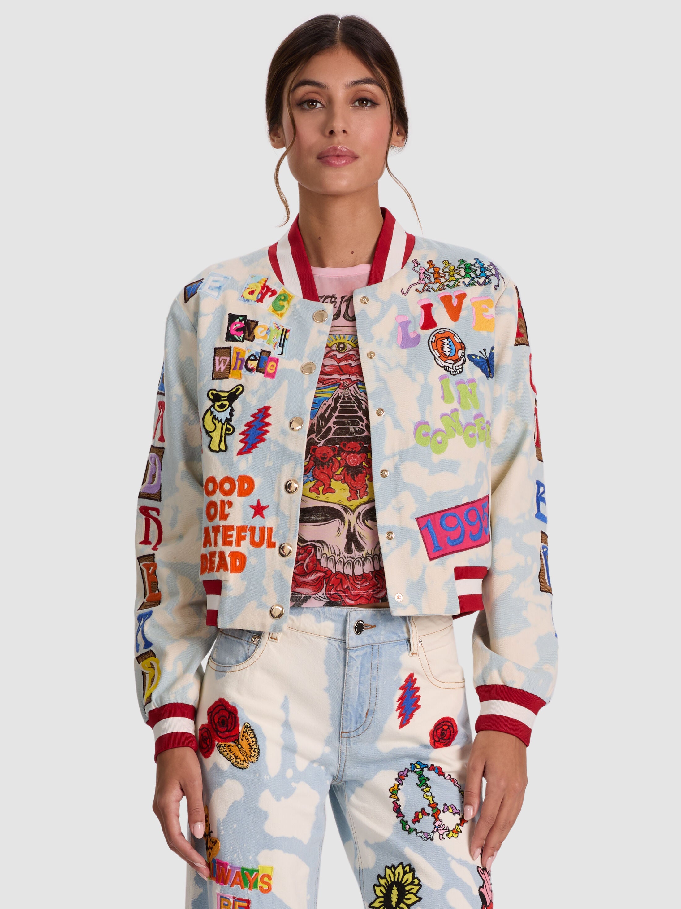 A+O X GRATEFUL DEAD KERI DENIM JACKET-INDIGO BLEACHED TIE DYE-ALICE + OLIVIA