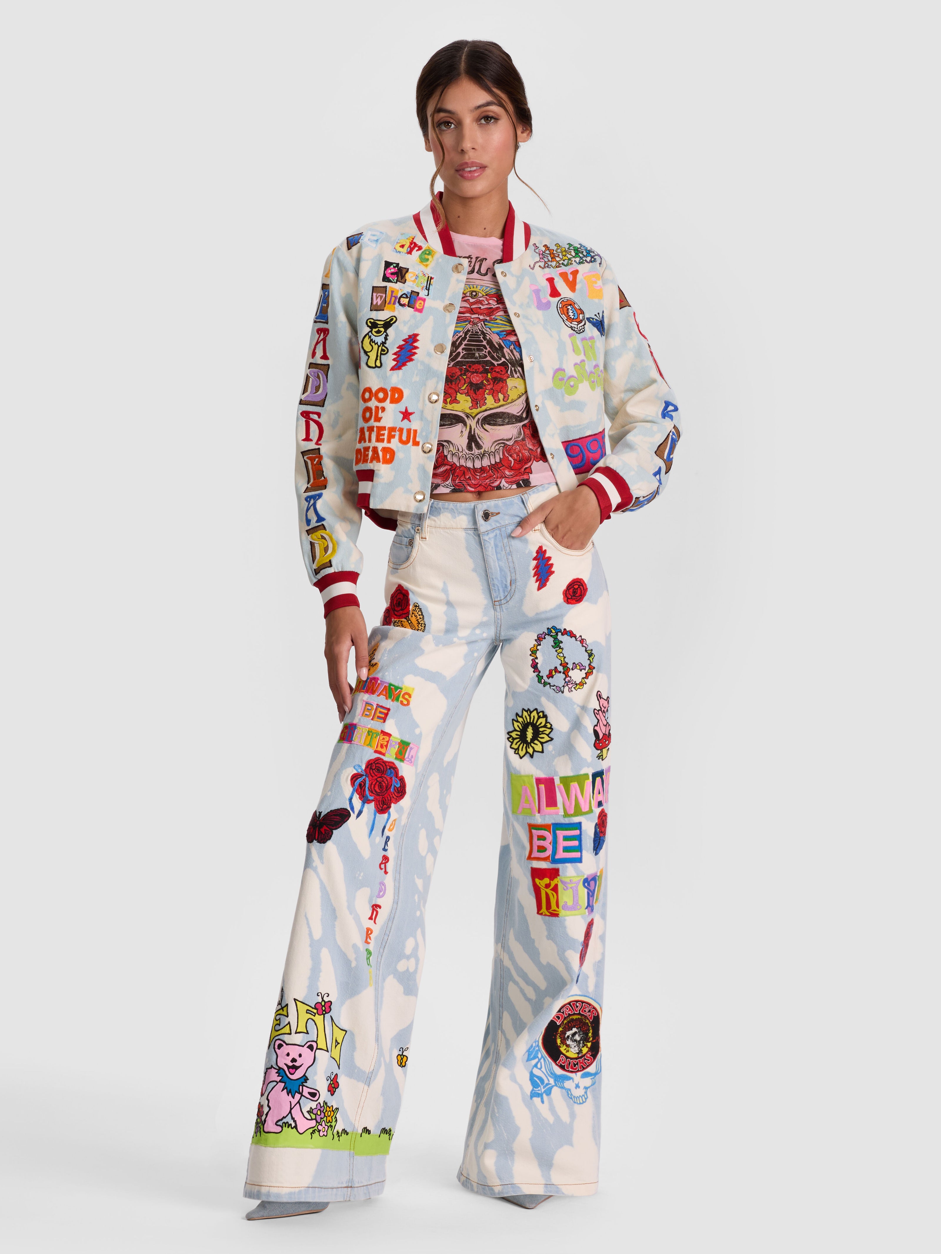 A+O X GRATEFUL DEAD KERI DENIM JACKET-INDIGO BLEACHED TIE DYE-ALICE + OLIVIA