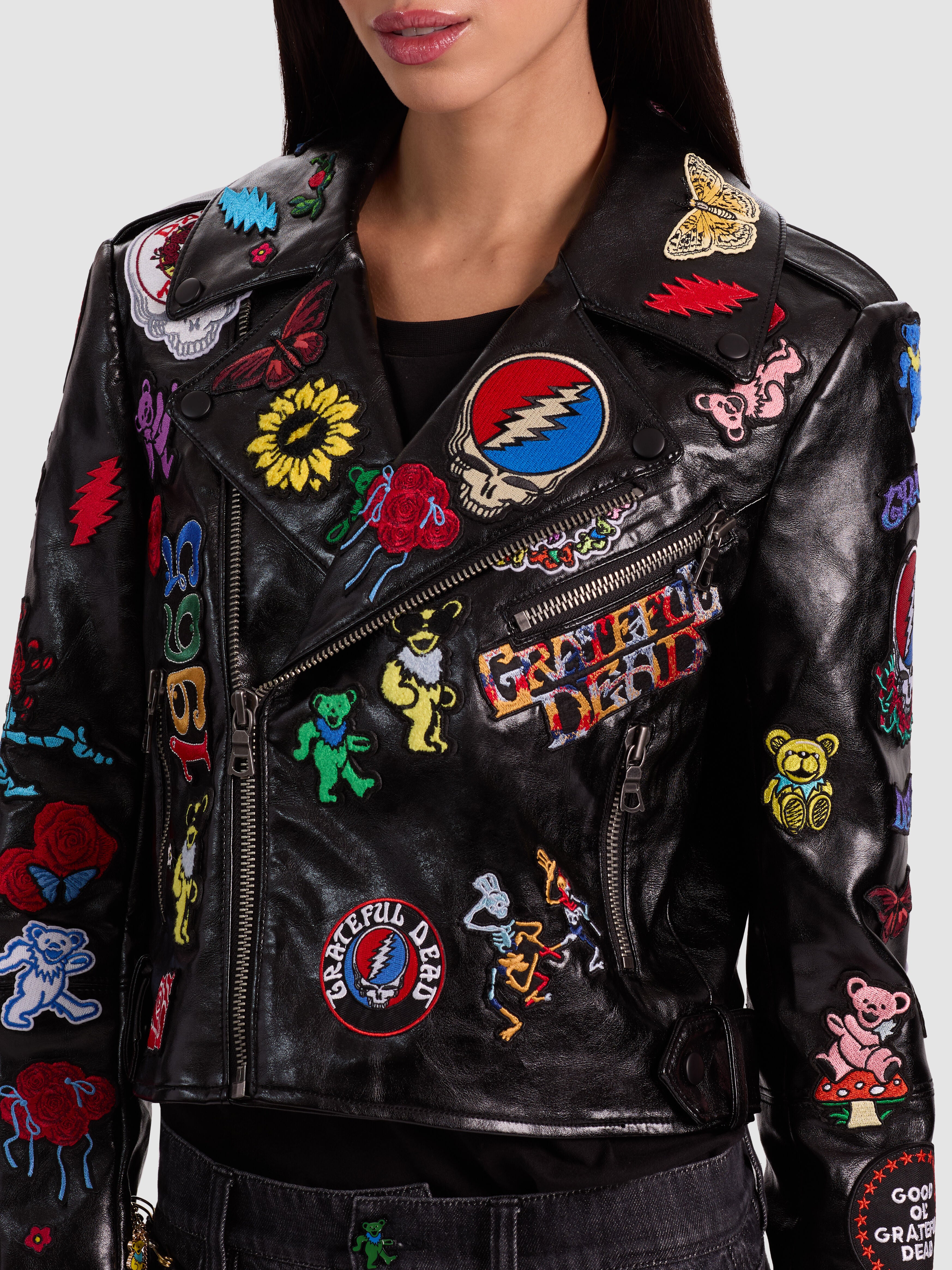 A+O X GRATEFUL DEAD CODY VEGAN MOTO JACKET in BLACK/MULTI | ALICE