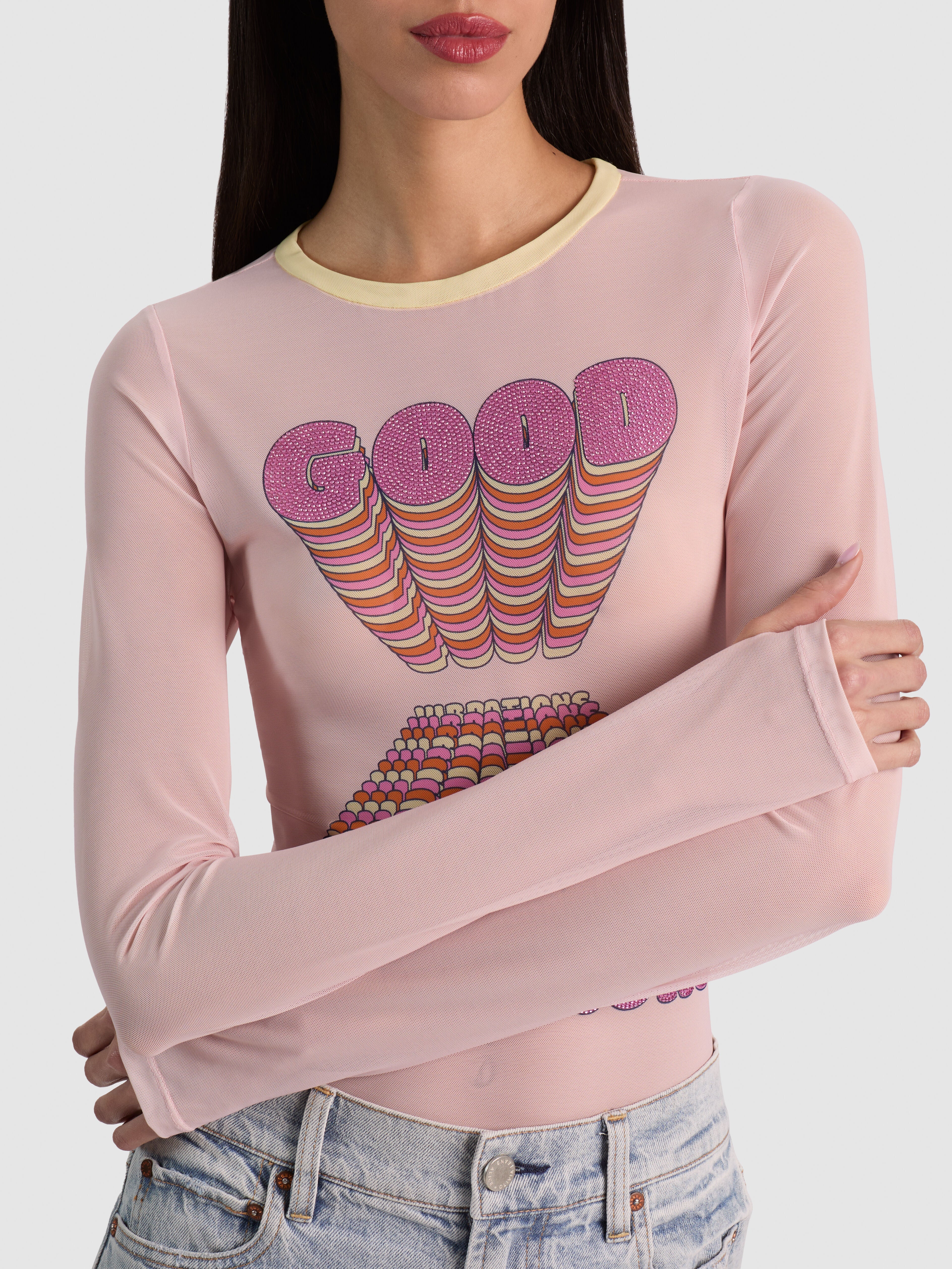DELAINA EMBELLISHED TOP in GOOD VIBRATIONS | ALICE + OLIVIA