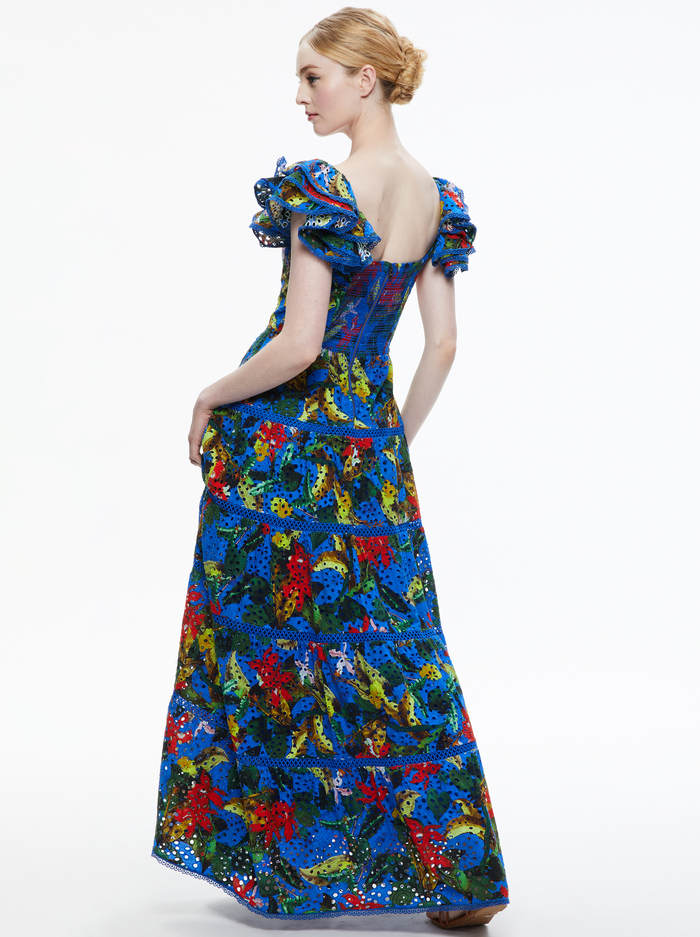 TAWNY EYELET SQUARE NECK MAXI DRESS - TROPICAL SUNRISE SAPPHIRE image 1 - ALICE + OLIVIA
