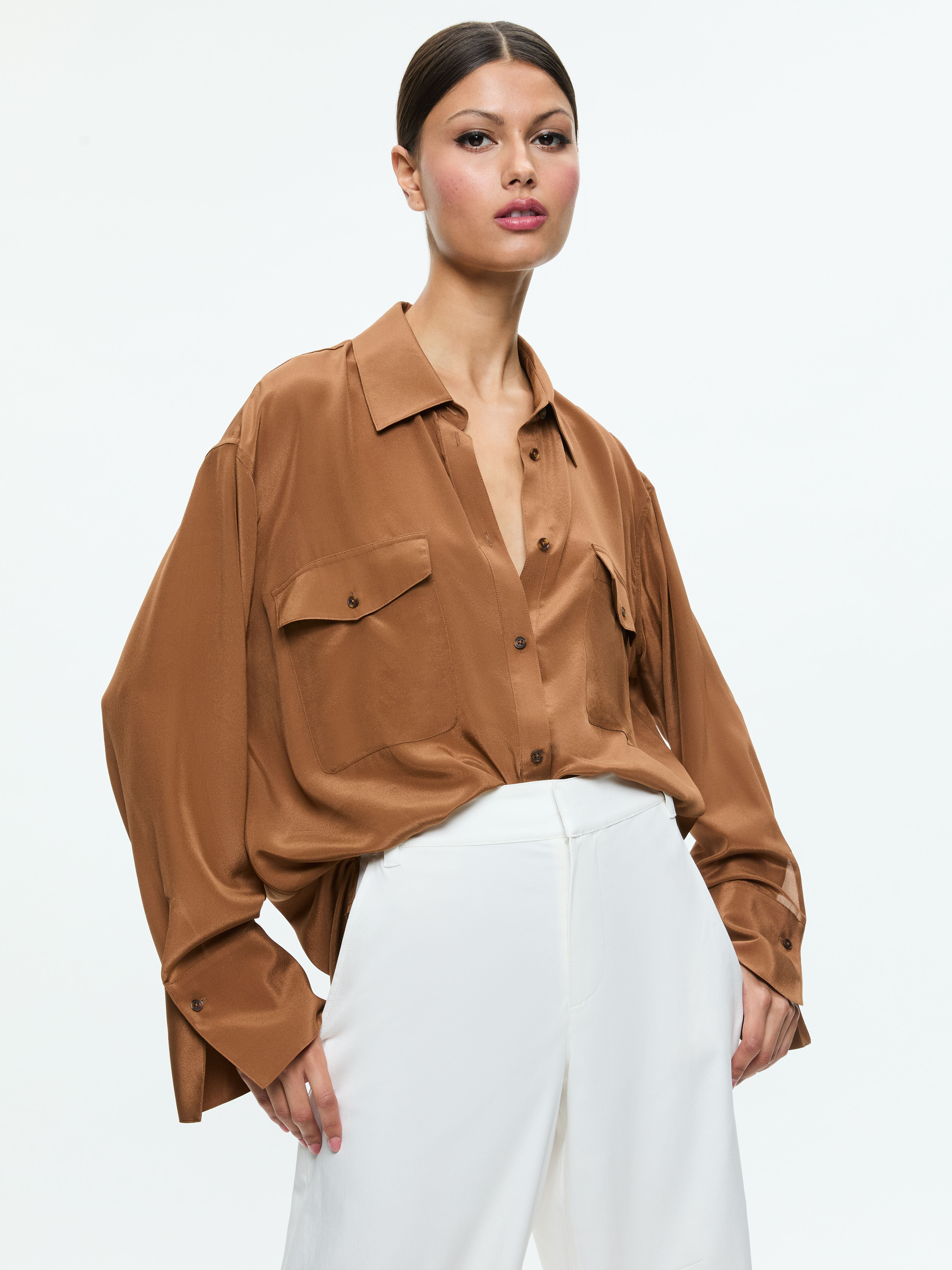 FINELY OVERSIZED UTILITY SHIRT in CAMEL | ALICE + OLIVIA