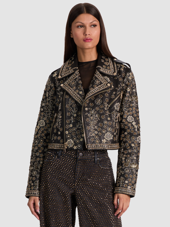 BLACK/MULTI-CODY EMBELLISHED LEATHER JACKET