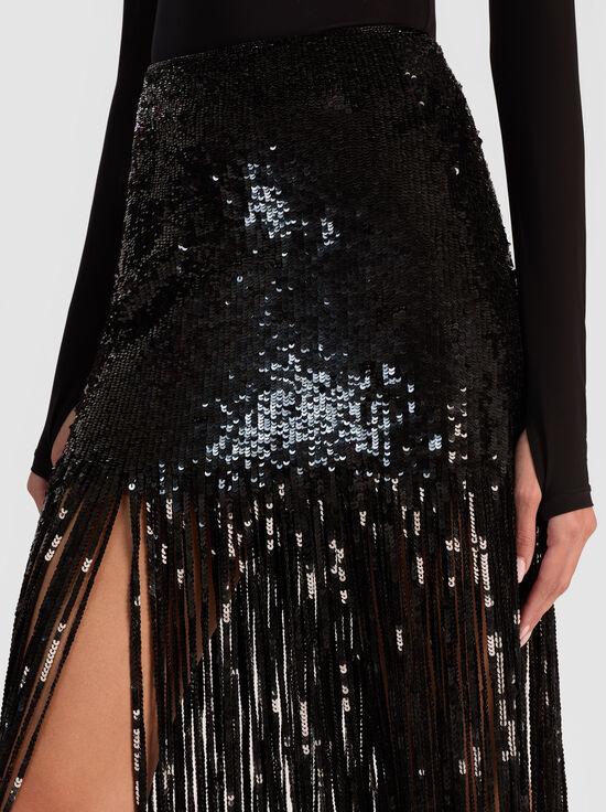 BLACK-KENDRA SEQUIN FRINGE MAXI SKIRT
