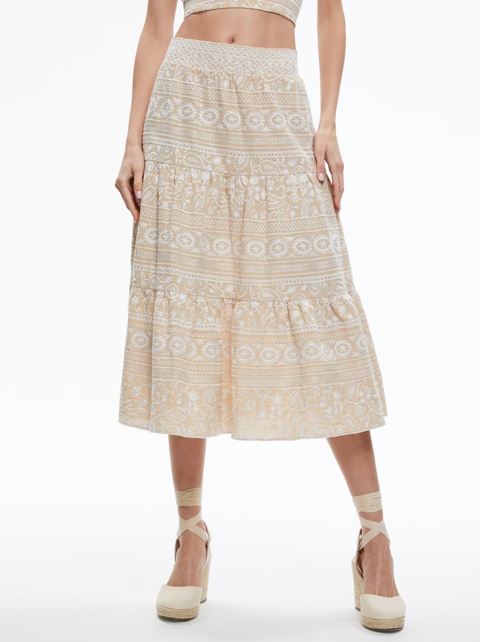 REISE TIERED MIDI SKIRT - NATURAL/WHITE - Alice And Olivia