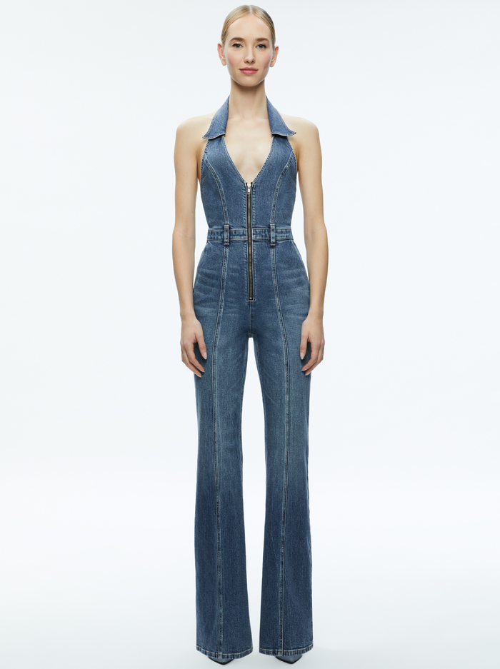 NOEMI HALTER NECK DENIM JUMPSUIT - TRUE BLUES DARK image 2 - Alice And Olivia
