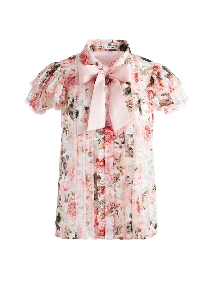 MINDA RUFFLE SLEEVE BLOUSE WITH TIE NECK - MORNINGSIDE FLORAL WHITE image 5 - Alice And Olivia