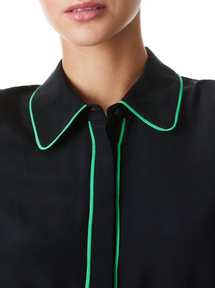 WILLA PIPED PLACKET TOP - BLACK/GARDEN GREEN image 3 - Alice And Olivia