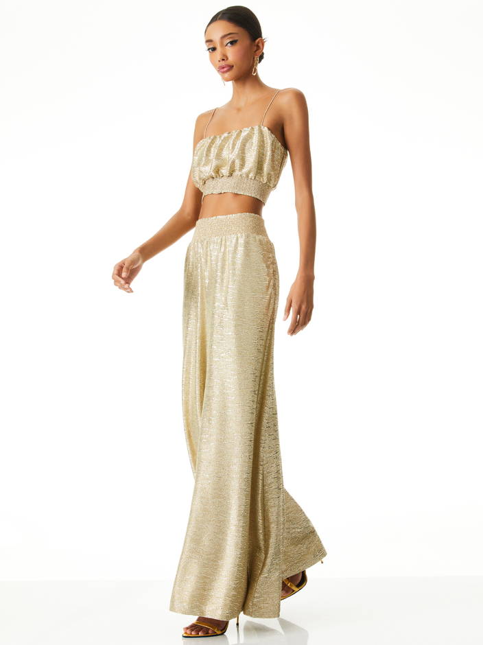 WENDEE RUCHED CROP TOP + JANELLA SMOCKED WAIST WIDE LEG PANT - 