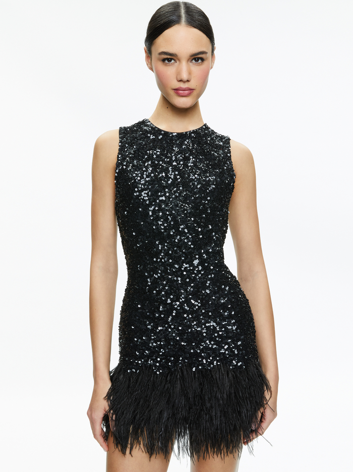 COLEY EMBELLISHED FEATHER TRIM MINI DRESS - BLACK image 2 - Alice And Olivia