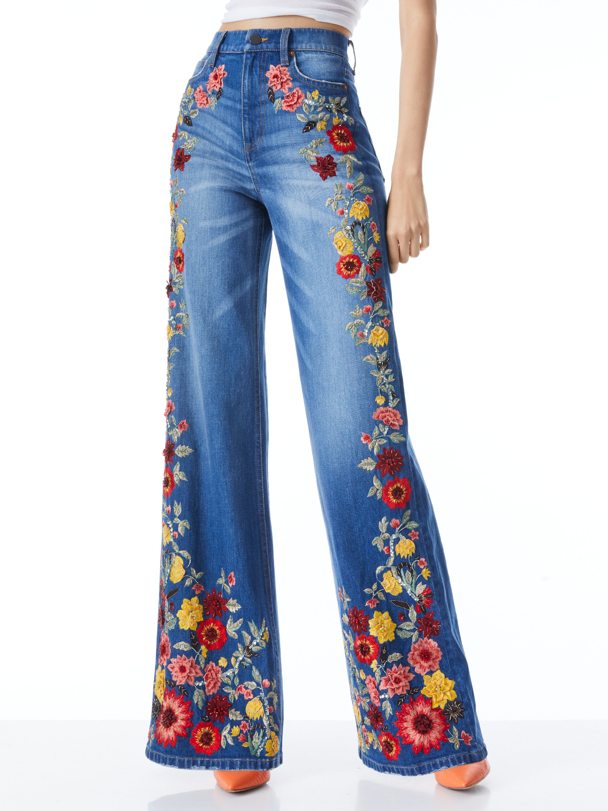 Gorgeous Embroidered Wide Leg Jeans In Pasadena Blue Alice Olivia