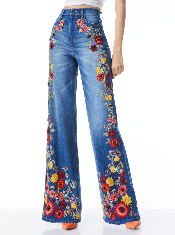 GORGEOUS EMBROIDERED WIDE LEG JEANS - PASADENA BLUE - Alice And Olivia