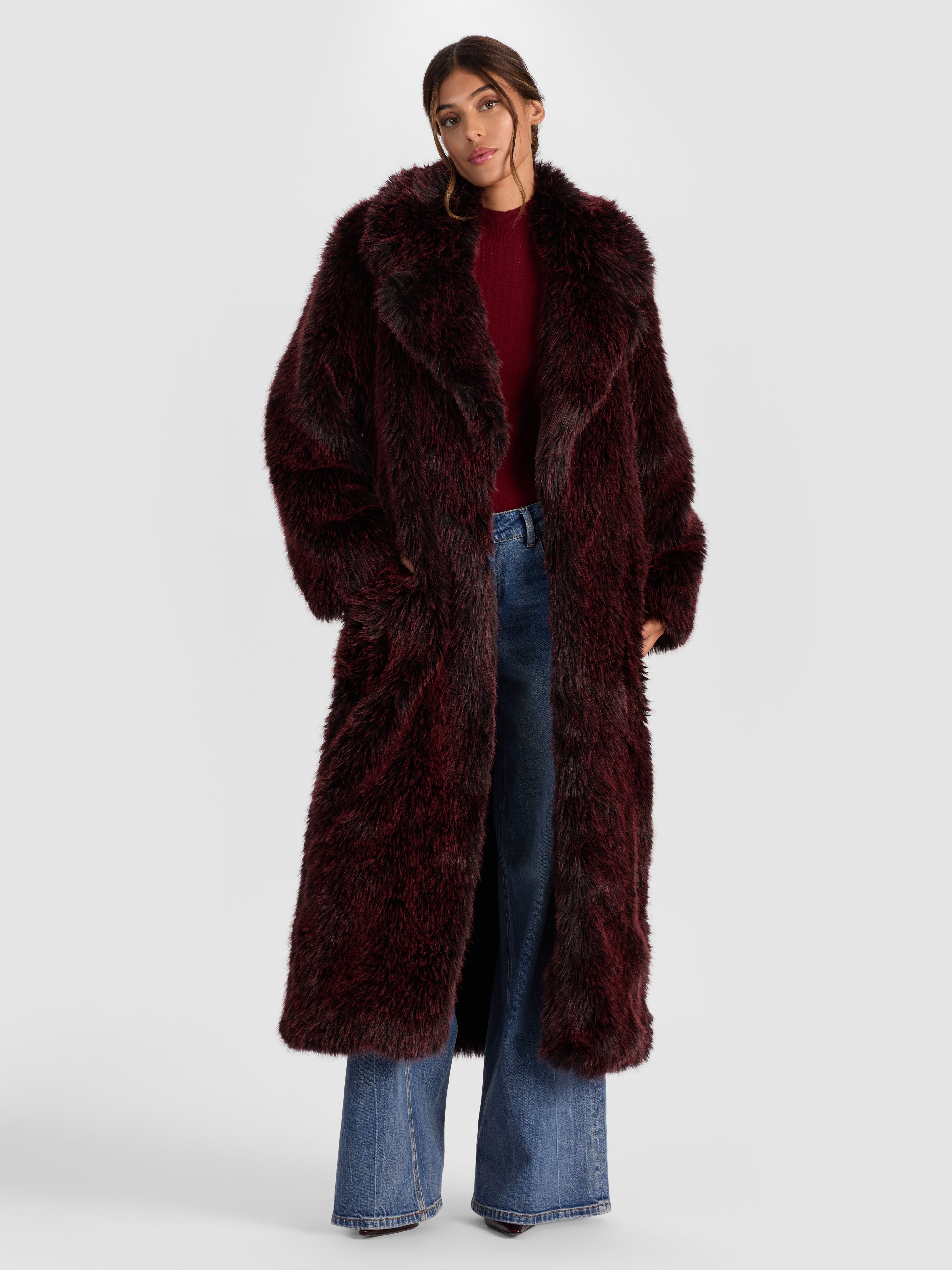 Marvin Faux Fur Maxi Coat In Black/merlot | Alice + Olivia