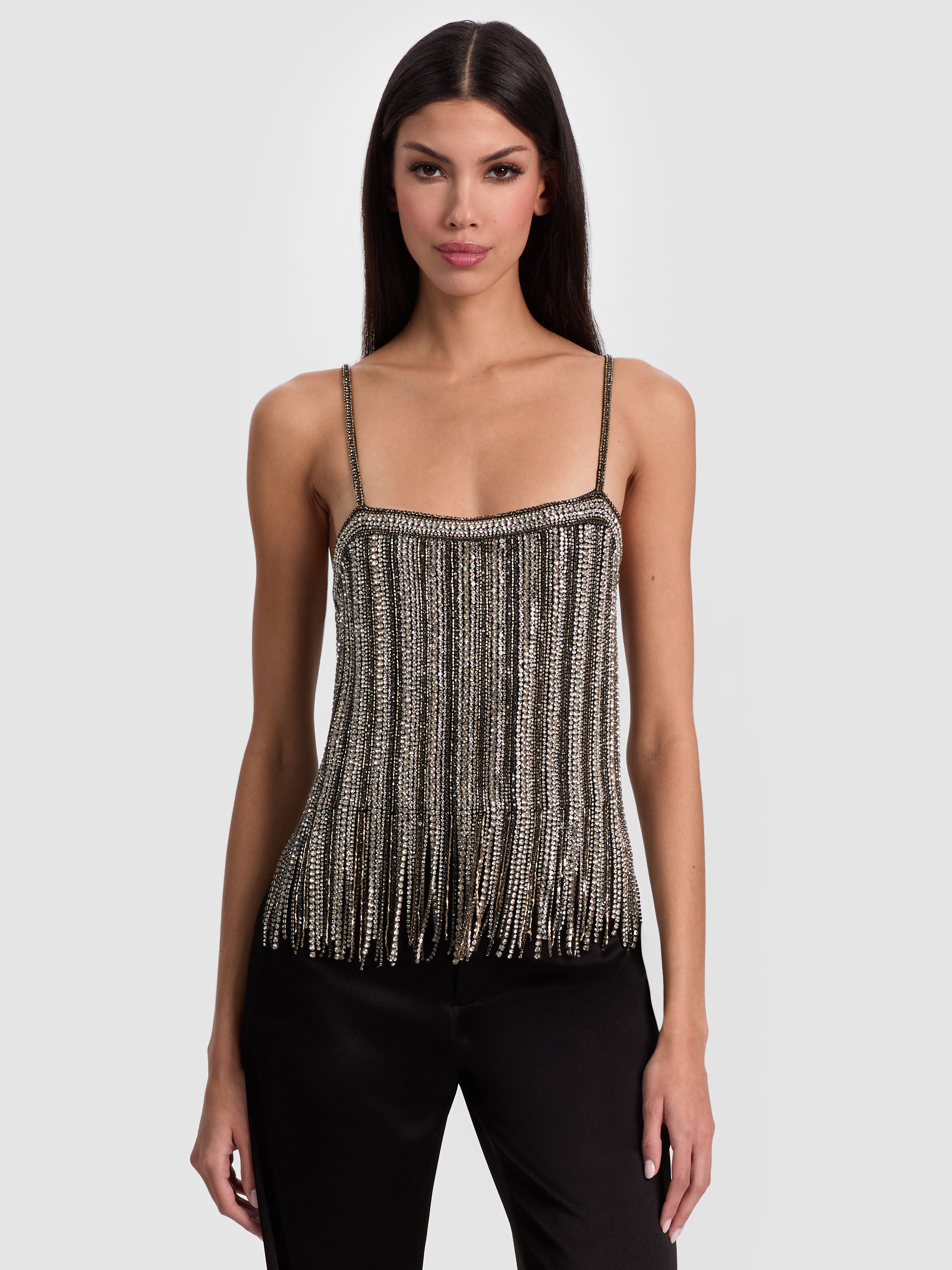 CHI EMBELLISHED FRINGE TANK in BLACK/SILVER | ALICE + OLIVIA