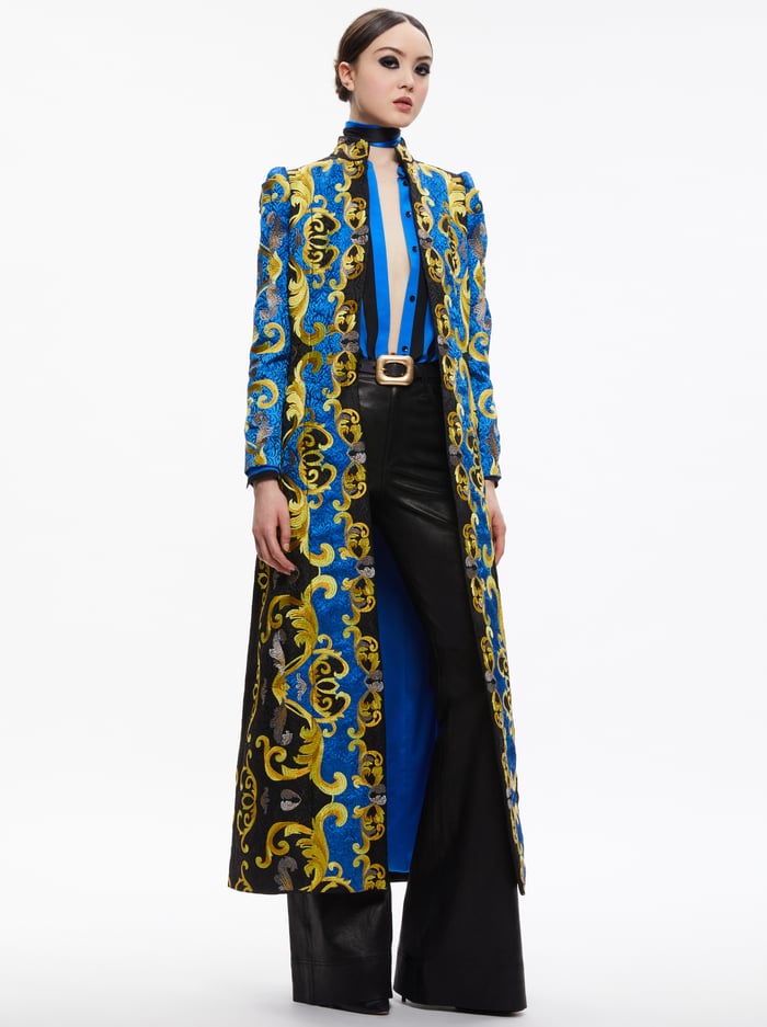 THOMAS EMBROIDERED MAXI COAT - SAPPHIRE/BLACK - Alice And Olivia