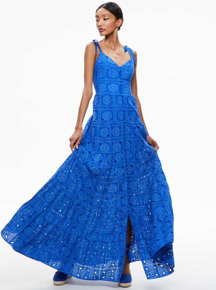 SHANTI EYELET BUTTON FRONT TIERED DRESS - SAPPHIRE image 4 - Alice And Olivia