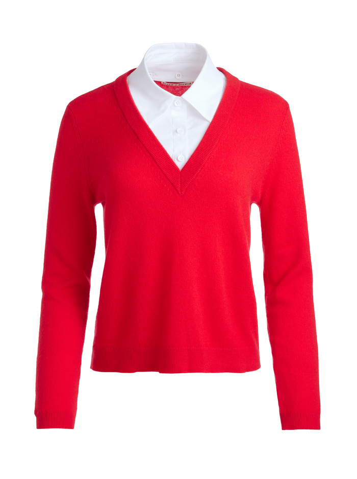DENBY COLLARED PULLOVER - BRIGHT RUBY/WHITE image 5 - Alice And Olivia
