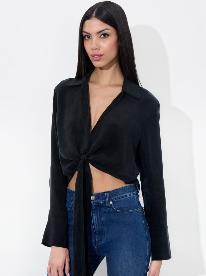 HANNON TIE FRONT BLOUSE - BLACK - Alice And Olivia