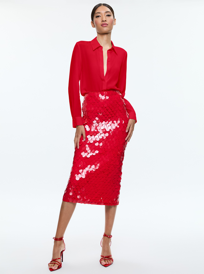 FIFI PAILLETTE MIDI SKIRT - BRIGHT RUBY image 1 - Alice And Olivia