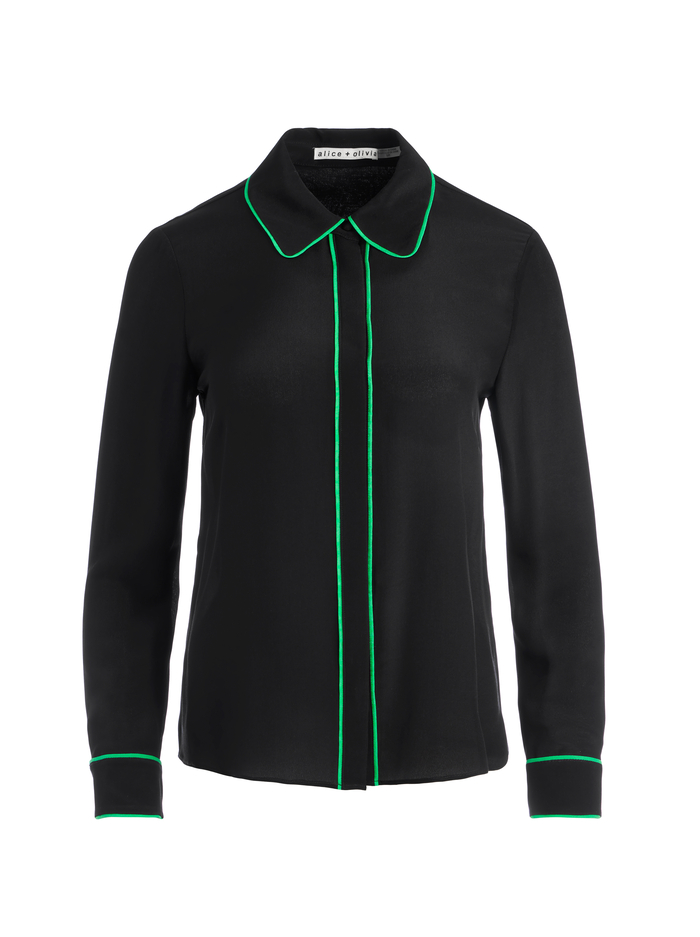 WILLA PIPED PLACKET TOP - BLACK/GARDEN GREEN image 5 - Alice And Olivia