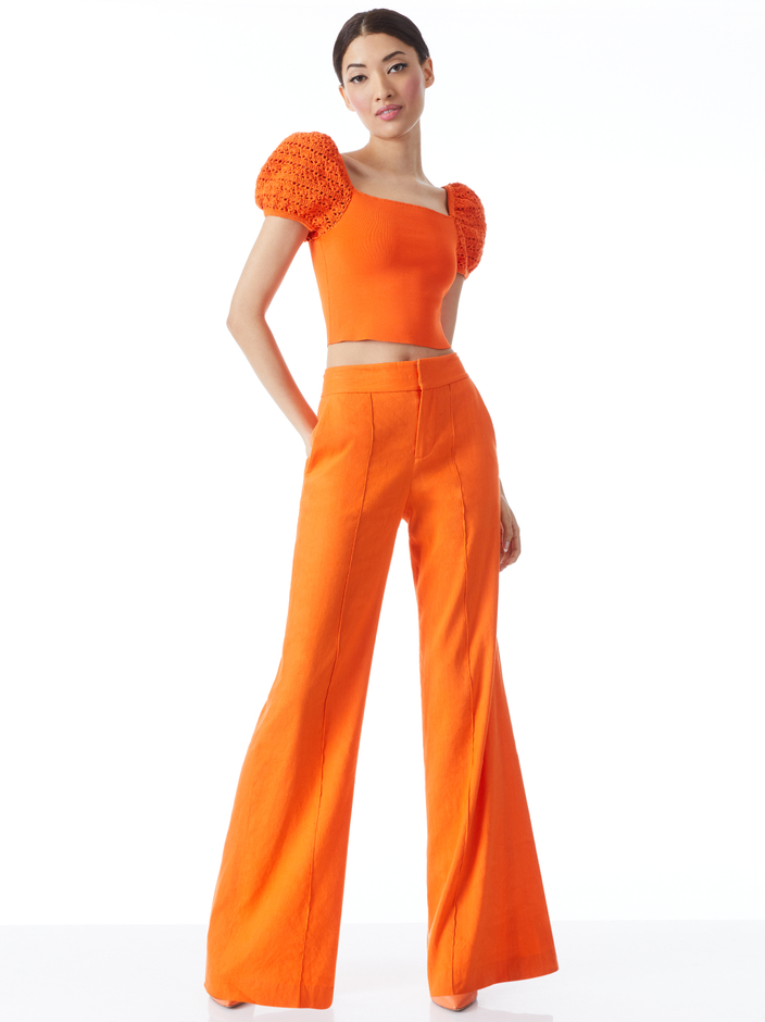 CALEY CROCHET PUFF SLEEVE CROP TOP + DYLAN LINEN HIGH WAISTED WIDE LEG PANT -