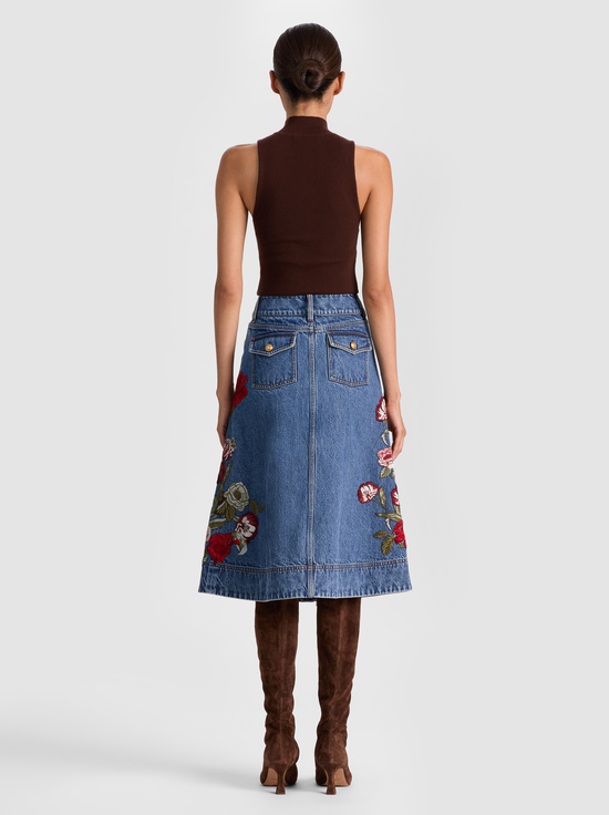 BROOKLYN BLUE/MULTI-DAHLIA EMBROIDERED DENIM SKIRT